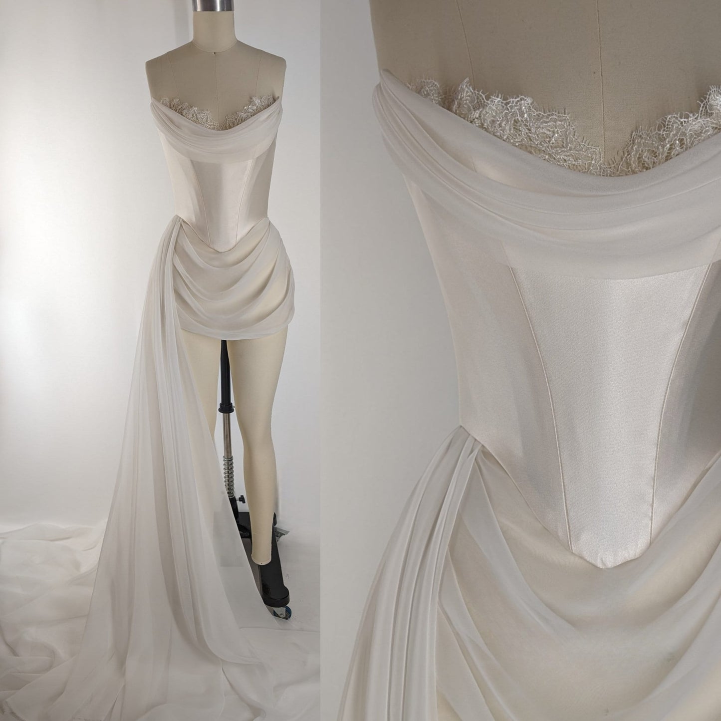 ANETTE | Pre-Order Off White Basque Waist Corset Embroidered Beaded Lace Draped Mini Long Cathedral Train Wedding Gown Dress Bridal