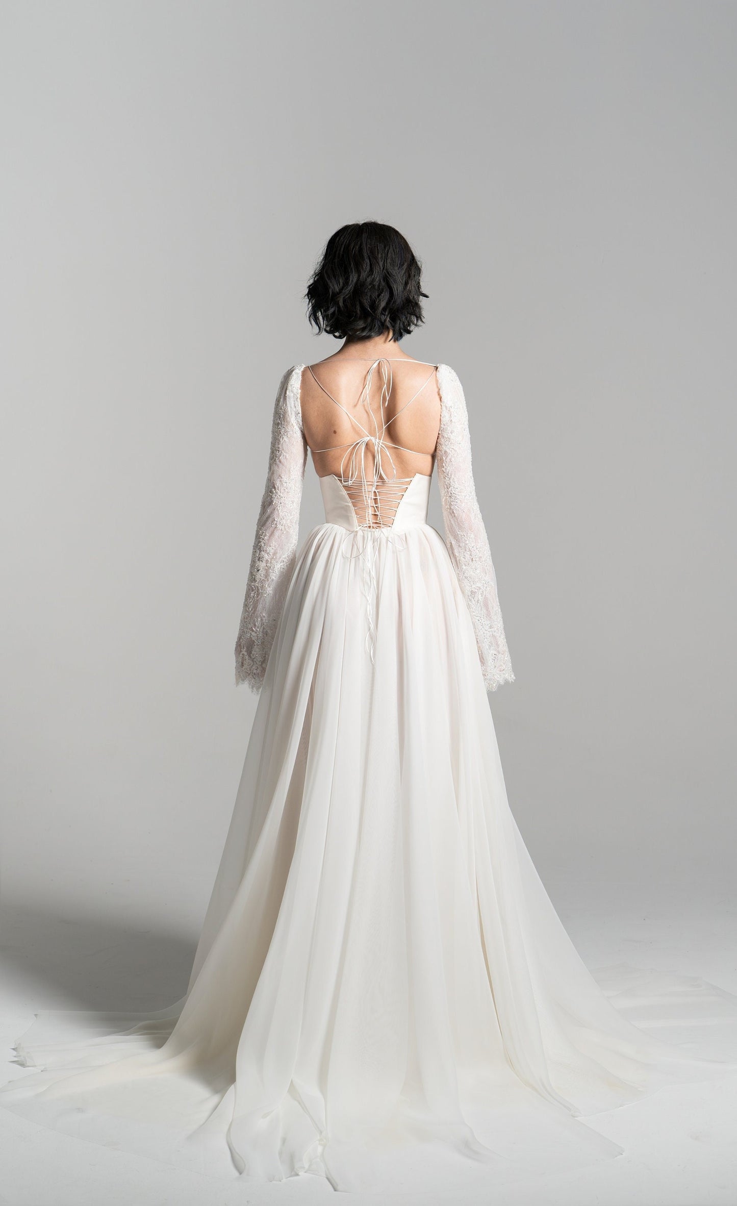 ALEXANDRIA | Pre-Order Duchess Basque Waist Corset Belt Beaded Chantilly Lace Bralette A Line Chiffon Skirt Removable Sleeves Bridal Dress