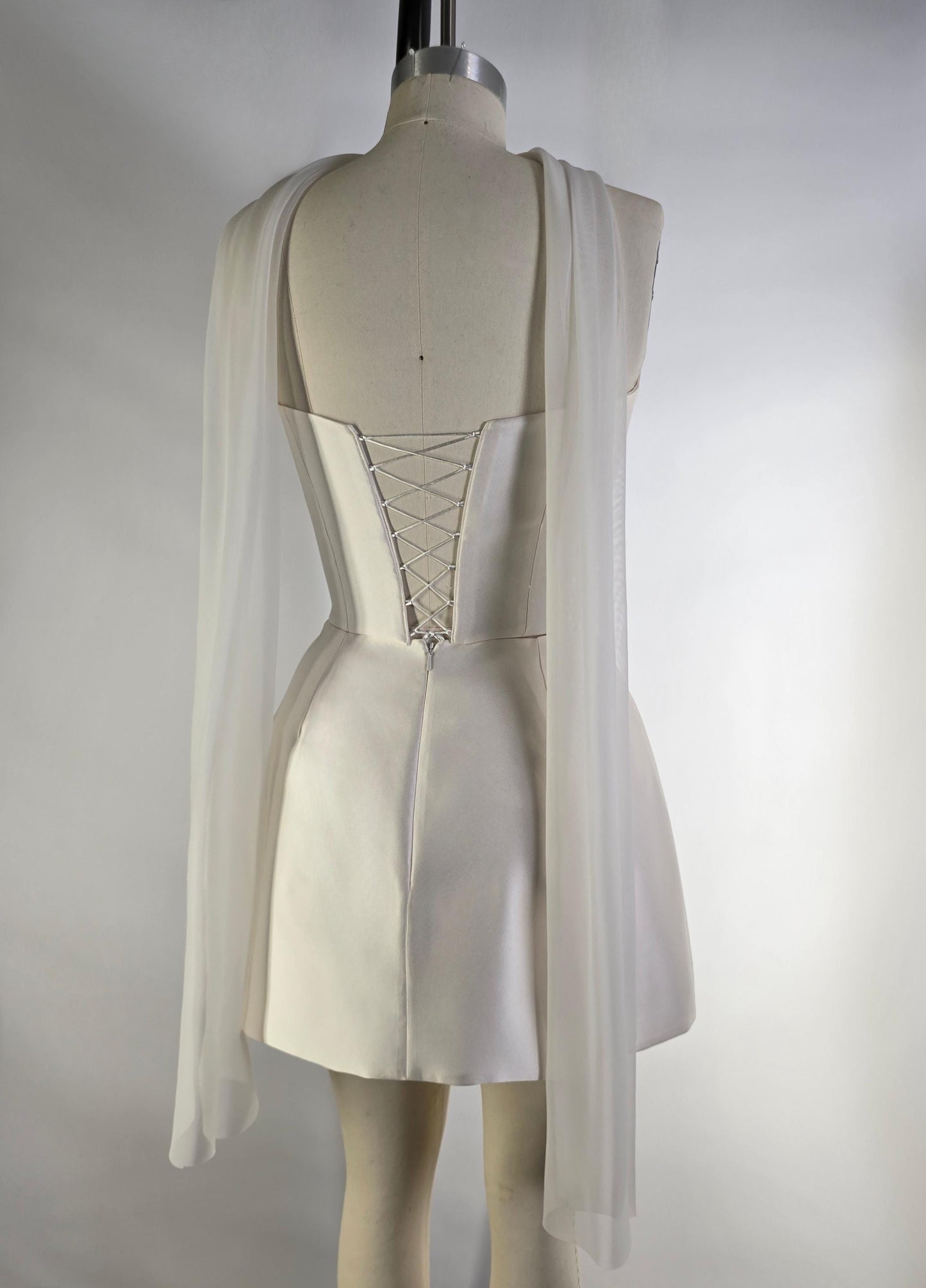 LAUREISE | Pre-Order Custom Bridal Cream Pearl White Satin Corset Mini Skirt Hand Beaded Lace Crystal Embroidered Sheer Long Scarf Dress