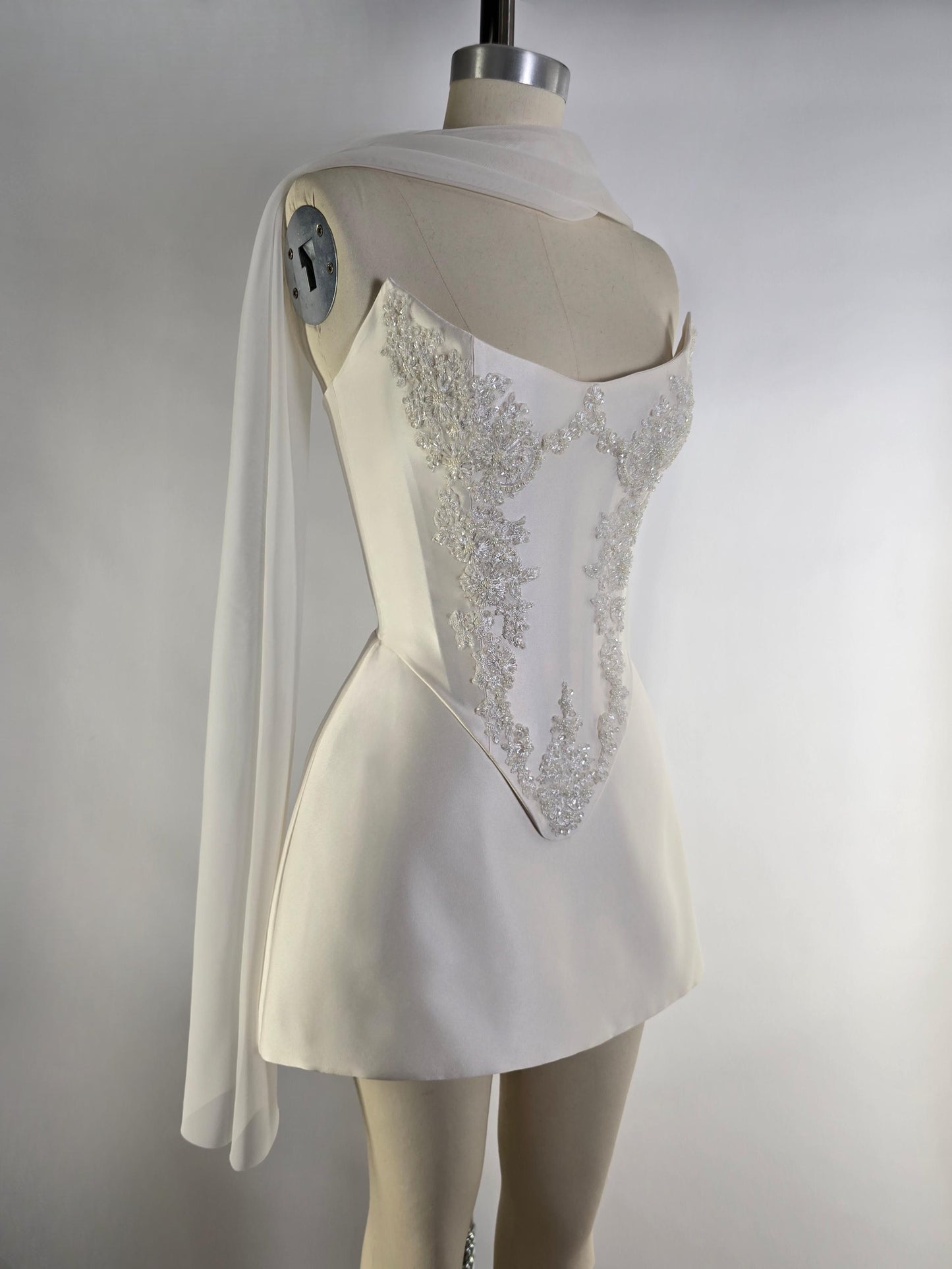 LAUREISE | Pre-Order Custom Bridal Cream Pearl White Satin Corset Mini Skirt Hand Beaded Lace Crystal Embroidered Sheer Long Scarf Dress