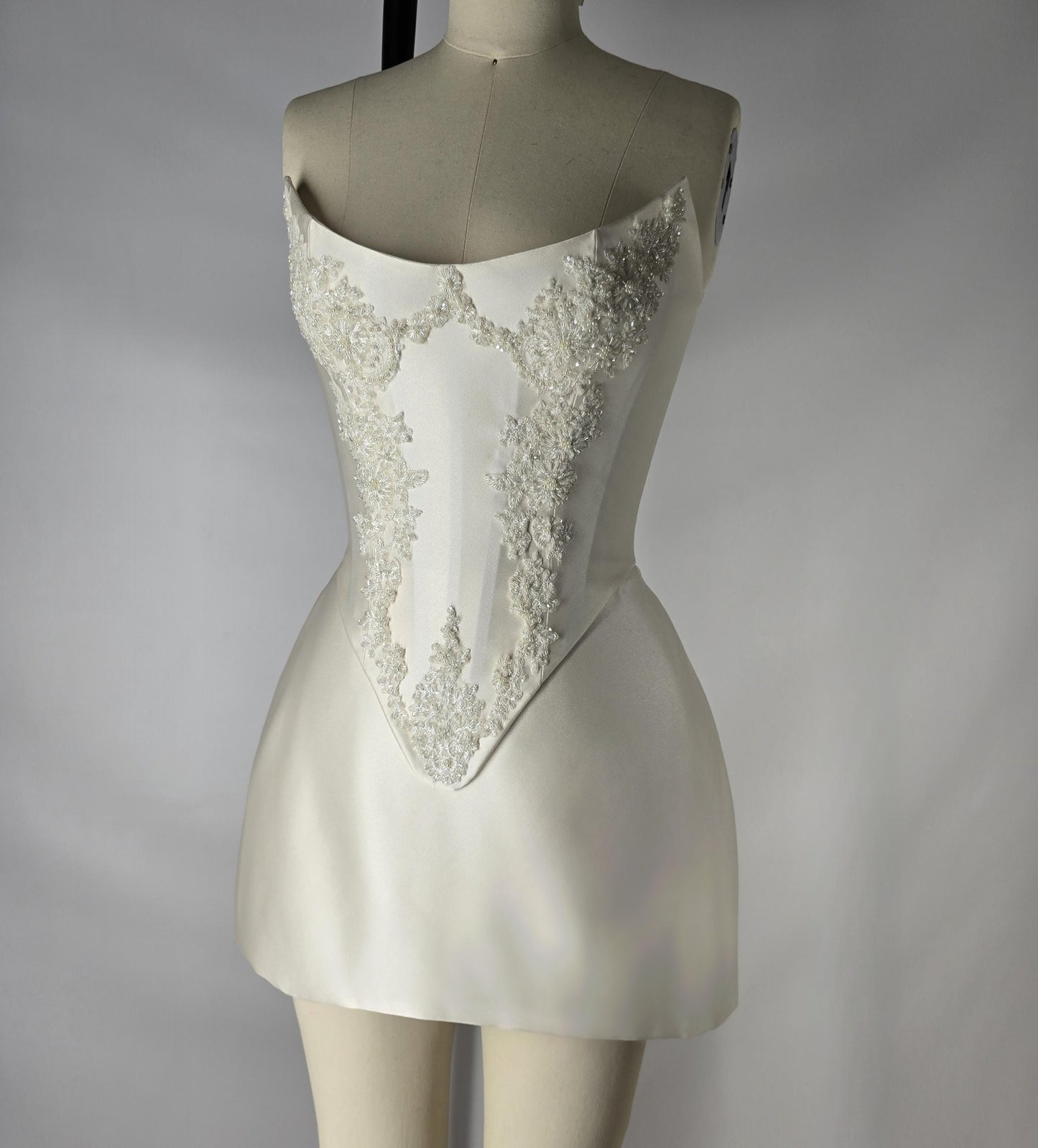 LAUREISE | Pre-Order Custom Bridal Cream Pearl White Satin Corset Mini Skirt Hand Beaded Lace Crystal Embroidered Sheer Long Scarf Dress