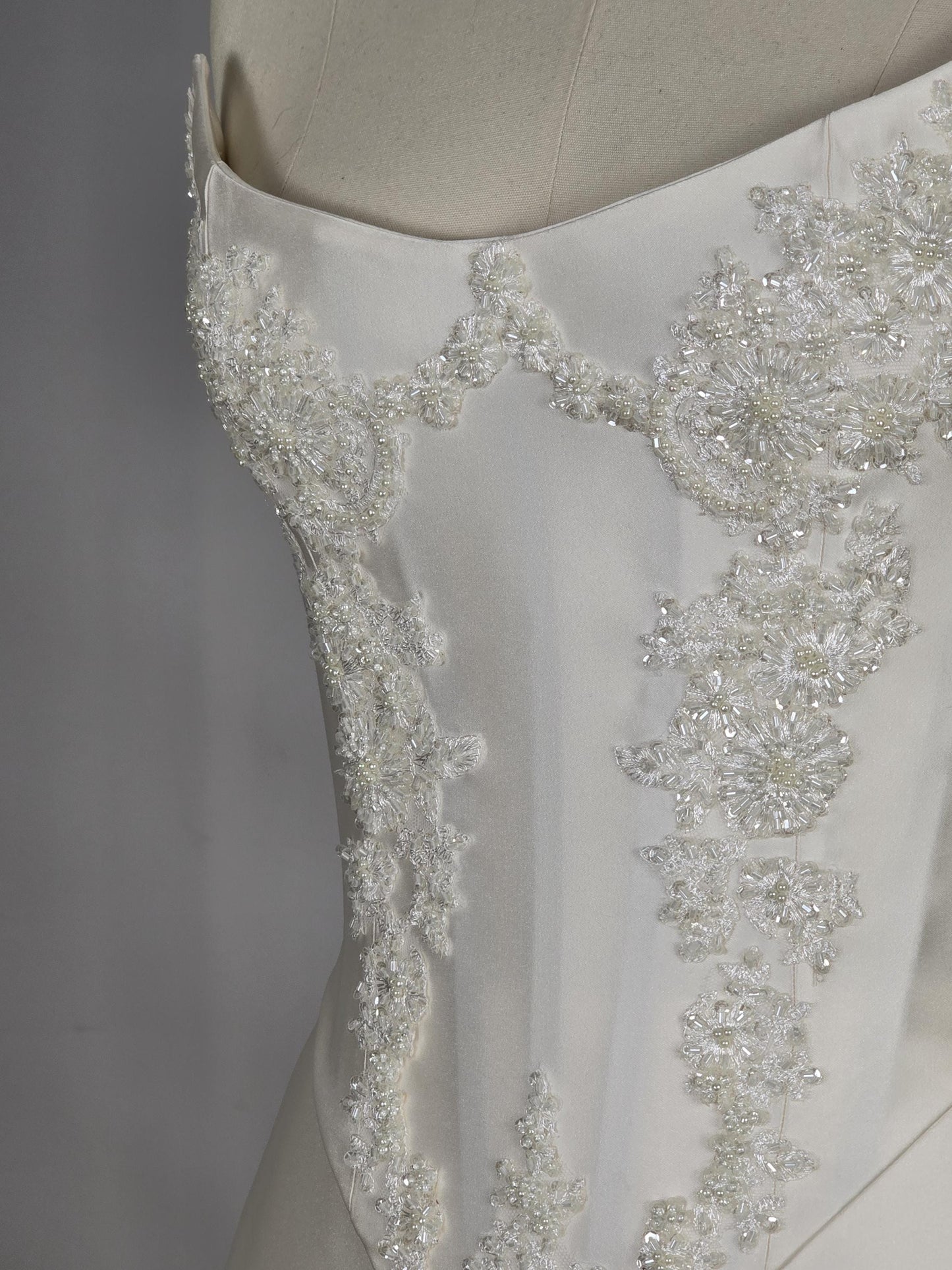 LAUREISE | Pre-Order Custom Bridal Cream Pearl White Satin Corset Mini Skirt Hand Beaded Lace Crystal Embroidered Sheer Long Scarf Dress