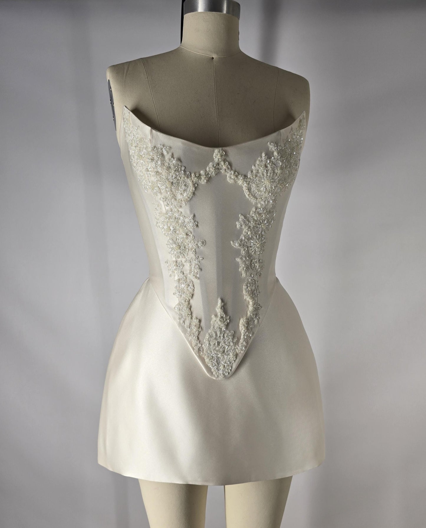 LAUREISE | Pre-Order Custom Bridal Cream Pearl White Satin Corset Mini Skirt Hand Beaded Lace Crystal Embroidered Sheer Long Scarf Dress