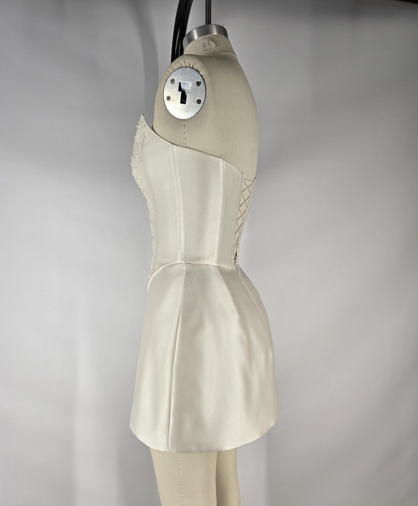 LAUREISE | Pre-Order Custom Bridal Cream Pearl White Satin Corset Mini Skirt Hand Beaded Lace Crystal Embroidered Sheer Long Scarf Dress