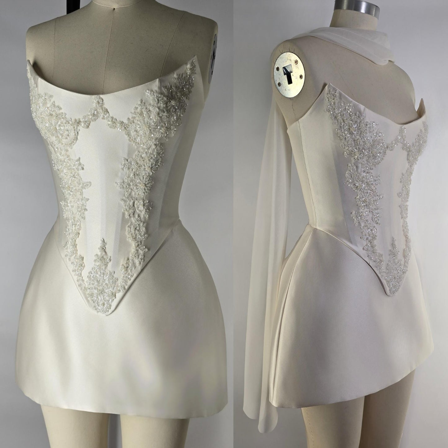 LAUREISE | Pre-Order Custom Bridal Cream Pearl White Satin Corset Mini Skirt Hand Beaded Lace Crystal Embroidered Sheer Long Scarf Dress