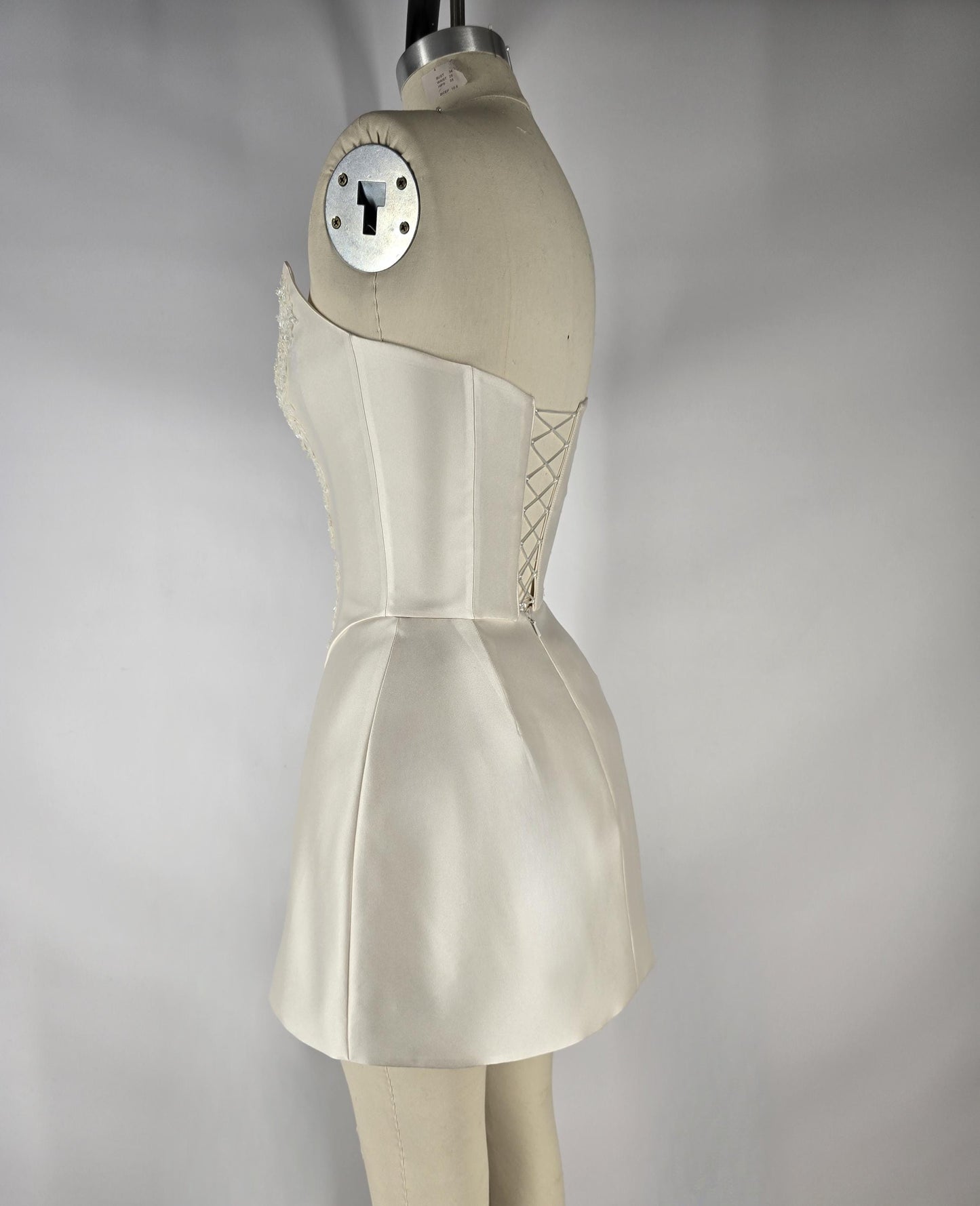 LAUREISE | Pre-Order Custom Bridal Cream Pearl White Satin Corset Mini Skirt Hand Beaded Lace Crystal Embroidered Sheer Long Scarf Dress
