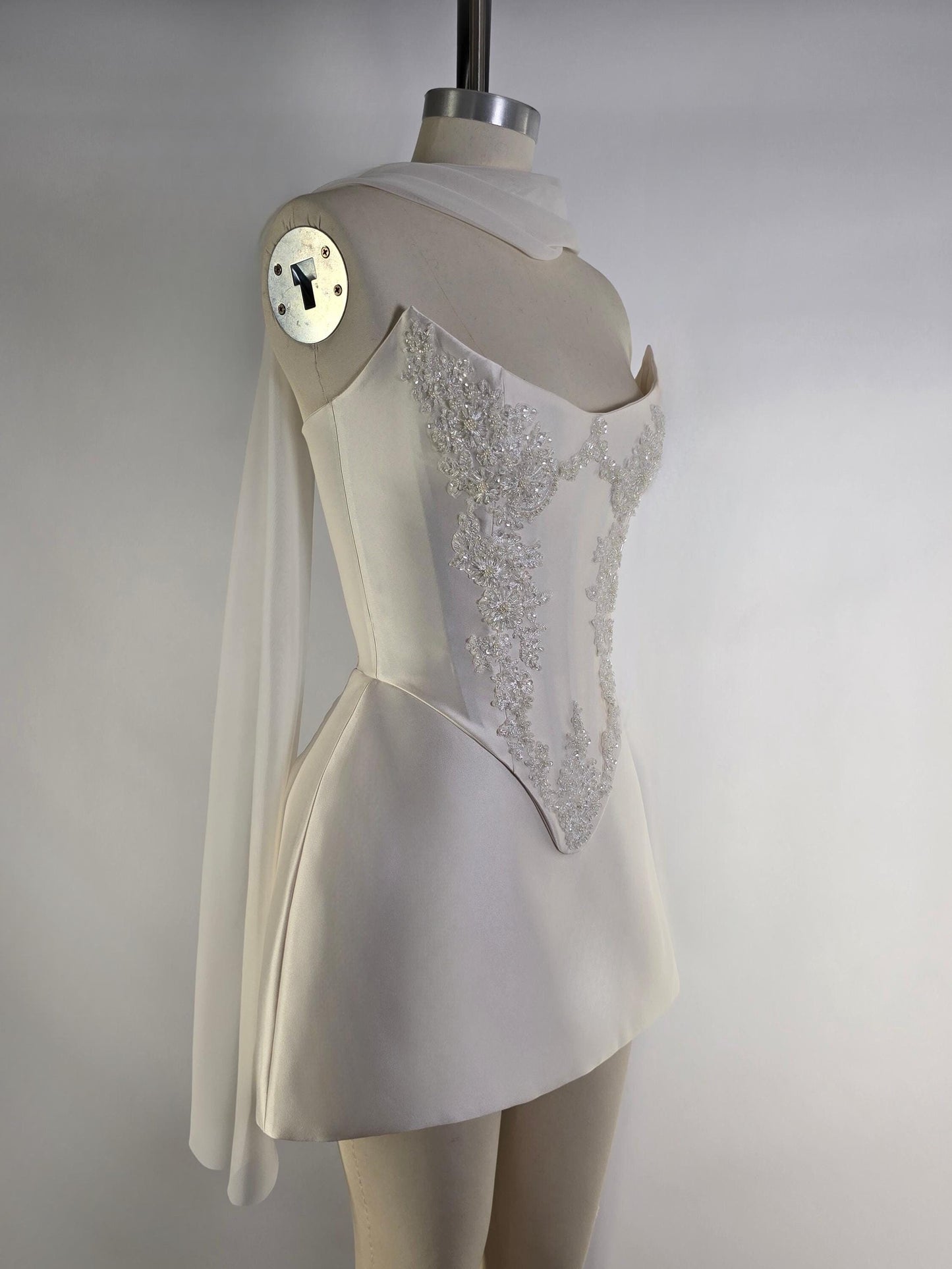 LAUREISE | Pre-Order Custom Bridal Cream Pearl White Satin Corset Mini Skirt Hand Beaded Lace Crystal Embroidered Sheer Long Scarf Dress