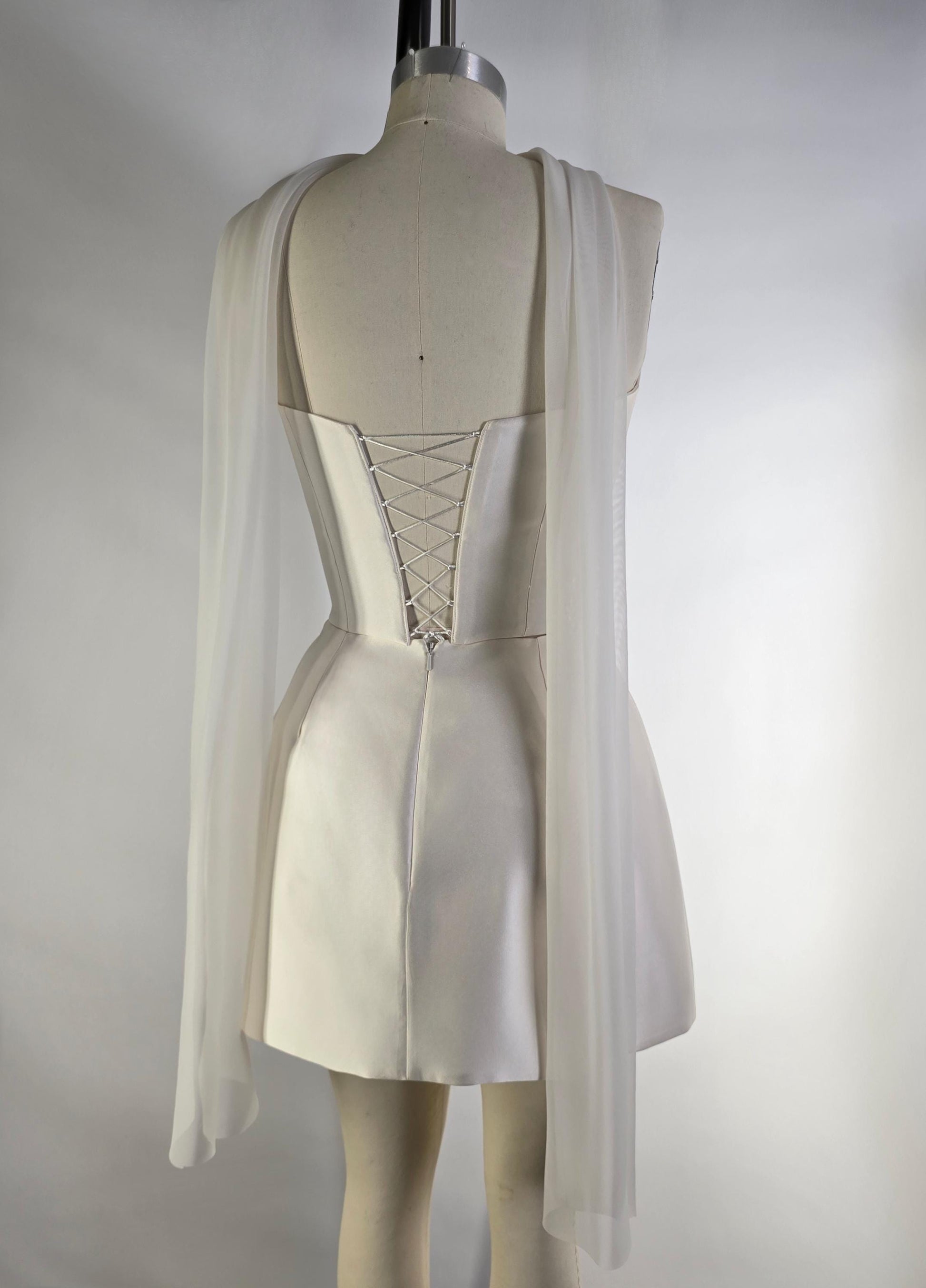 LAUREISE | Pre-Order Custom Bridal Cream Pearl White Satin Corset Mini Skirt Hand Beaded Lace Crystal Embroidered Sheer Long Scarf Dress