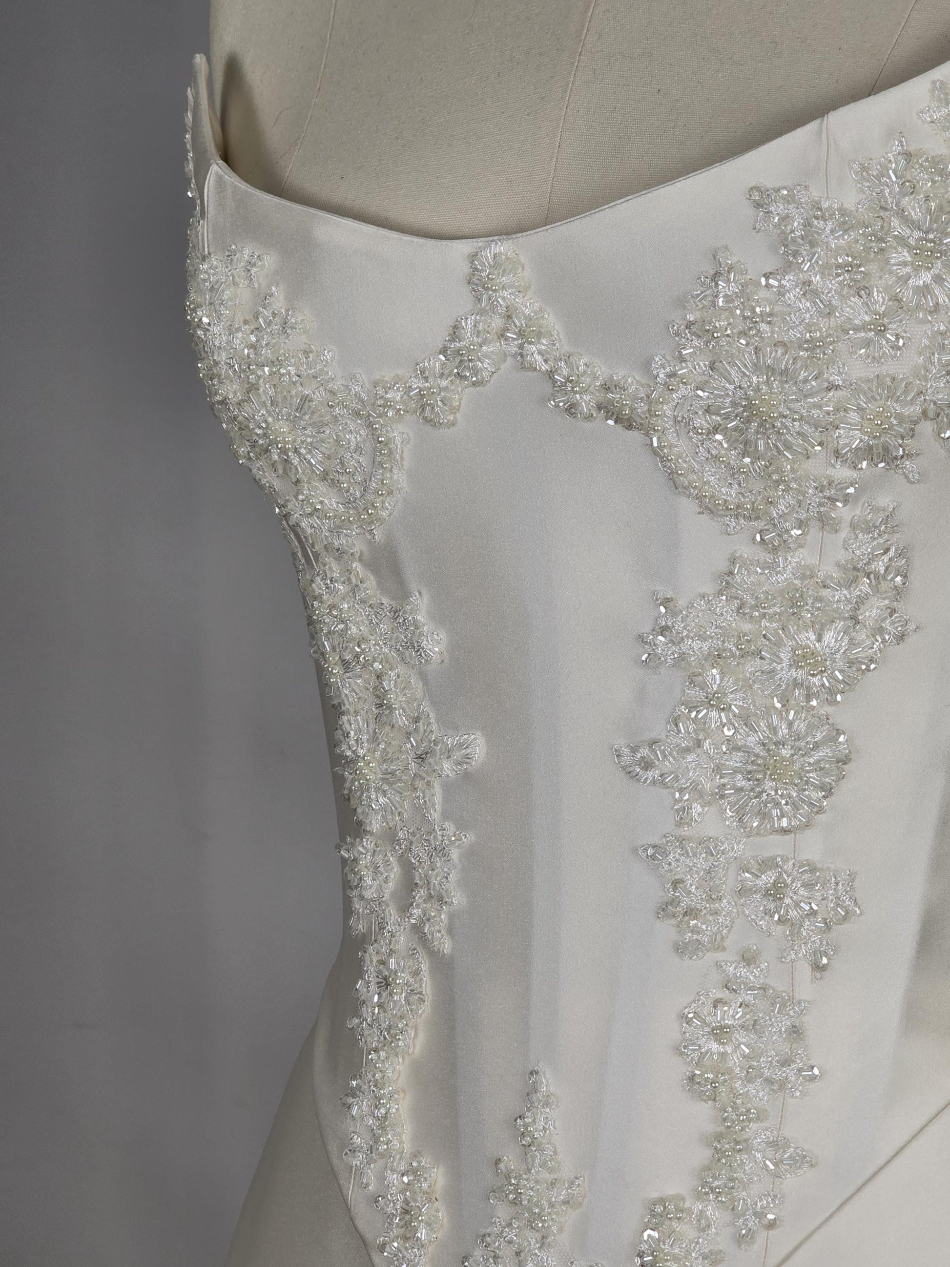 LAUREISE | Pre-Order Custom Bridal Cream Pearl White Satin Corset Mini Skirt Hand Beaded Lace Crystal Embroidered Sheer Long Scarf Dress