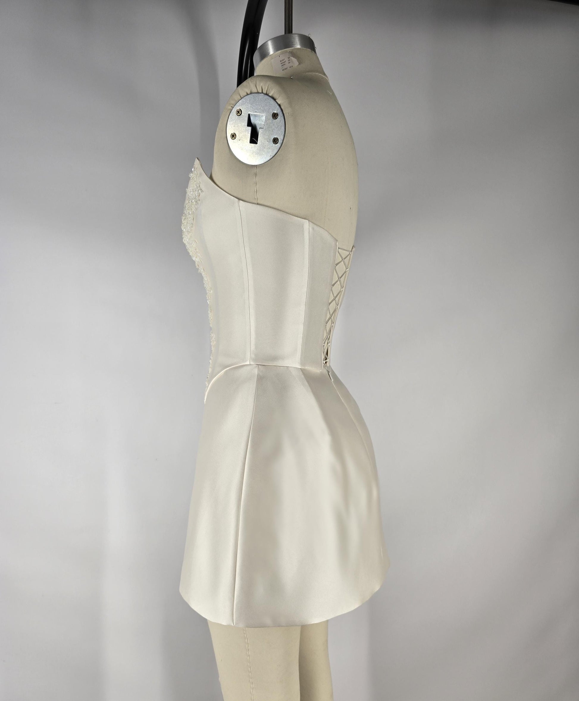 LAUREISE | Pre-Order Custom Bridal Cream Pearl White Satin Corset Mini Skirt Hand Beaded Lace Crystal Embroidered Sheer Long Scarf Dress