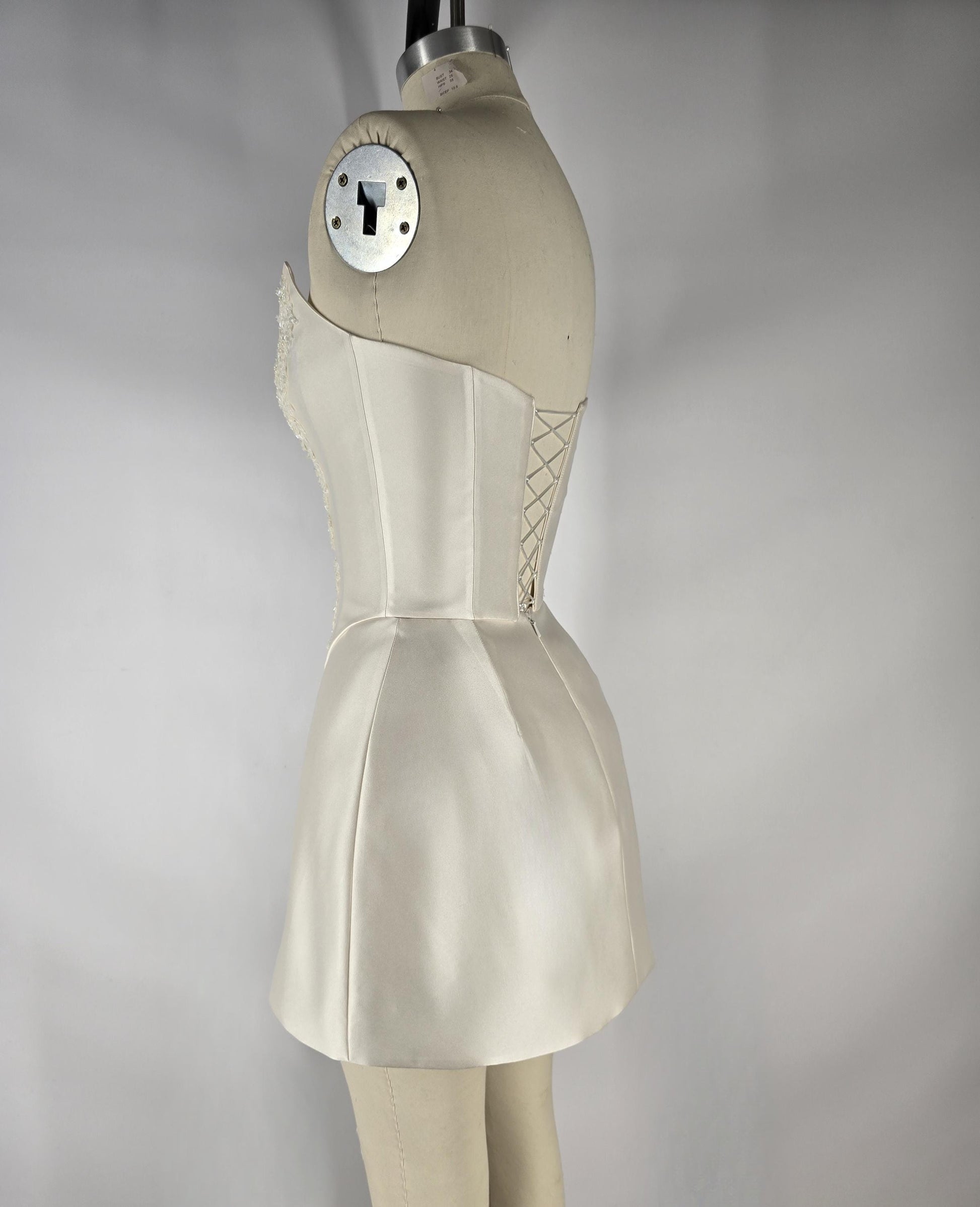 LAUREISE | Pre-Order Custom Bridal Cream Pearl White Satin Corset Mini Skirt Hand Beaded Lace Crystal Embroidered Sheer Long Scarf Dress