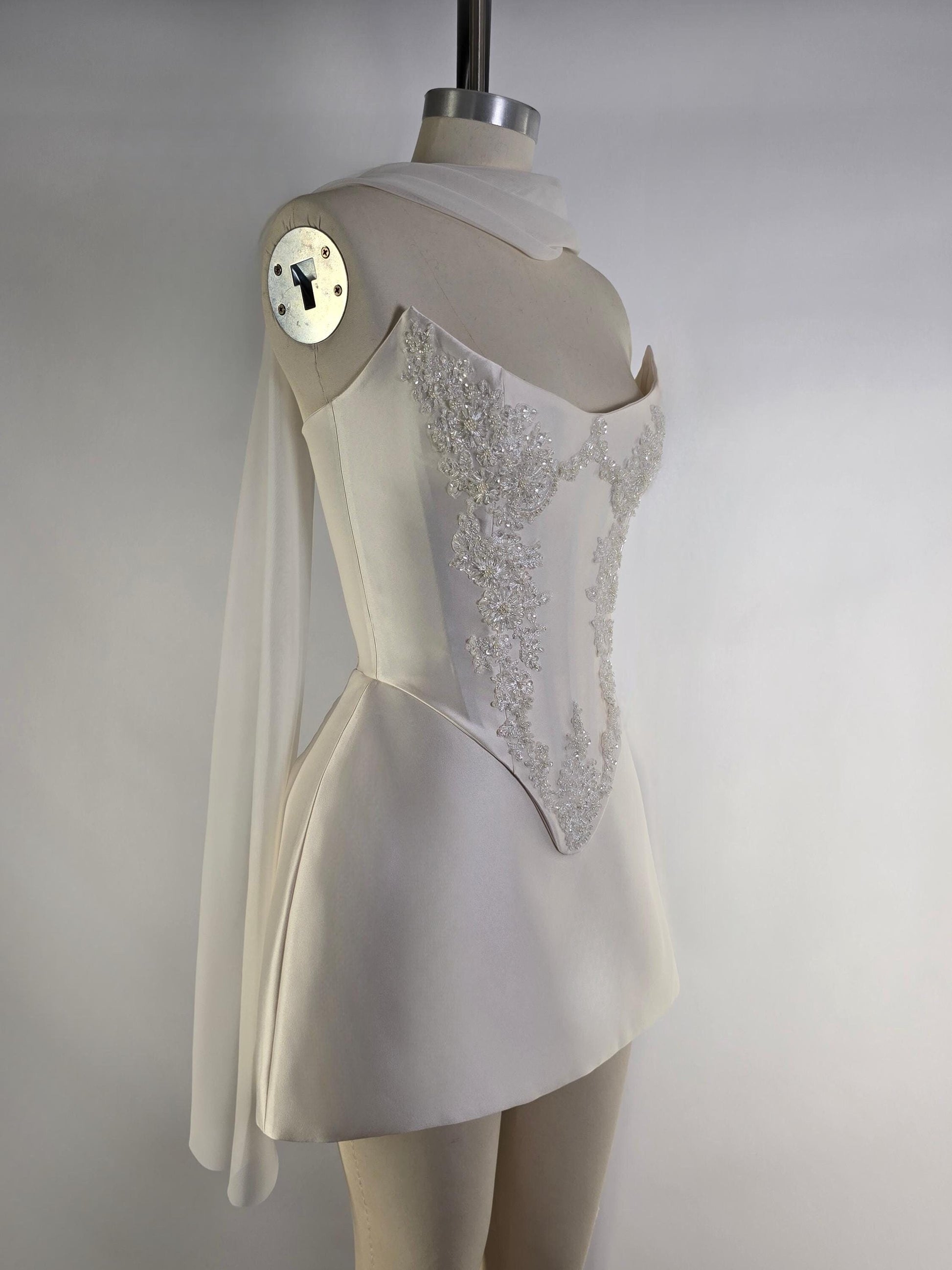 LAUREISE | Pre-Order Custom Bridal Cream Pearl White Satin Corset Mini Skirt Hand Beaded Lace Crystal Embroidered Sheer Long Scarf Dress