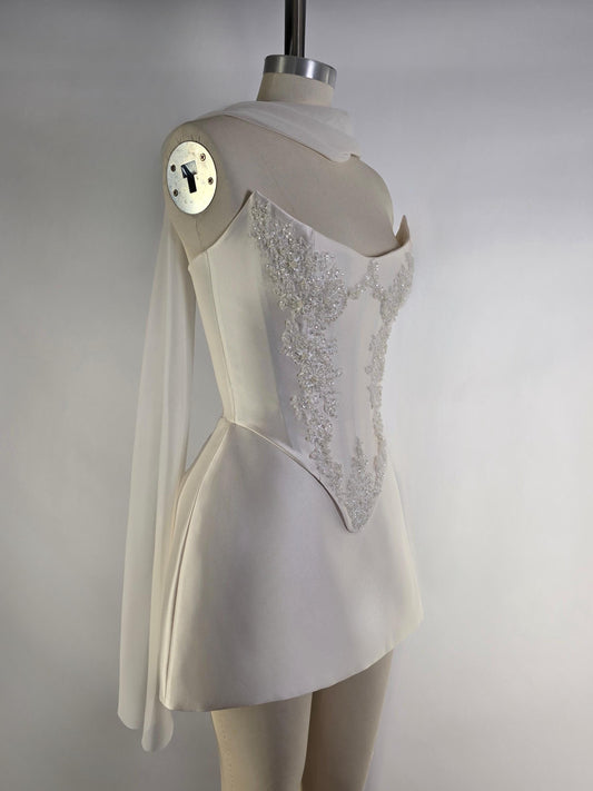 LAUREISE | Pre-Order Custom Bridal Cream Pearl White Satin Corset Mini Skirt Hand Beaded Lace Crystal Embroidered Sheer Long Scarf Dress
