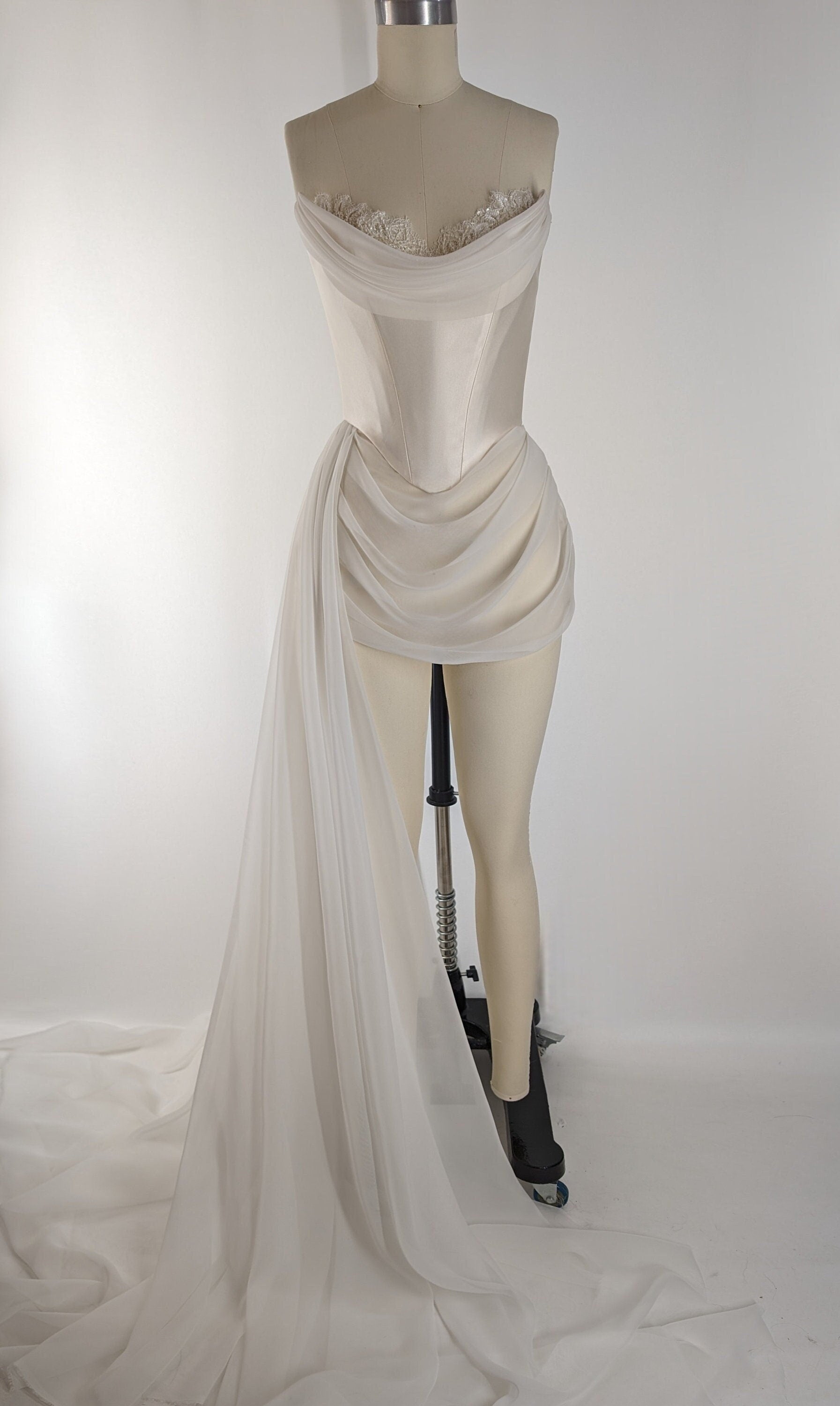 ANETTE | Pre-Order Off White Basque Waist Corset Embroidered Beaded Lace Draped Mini Long Cathedral Train Wedding Gown Dress Bridal