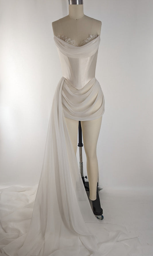 ANETTE | Pre-Order Off White Basque Waist Corset Embroidered Beaded Lace Draped Mini Long Cathedral Train Wedding Gown Dress Bridal