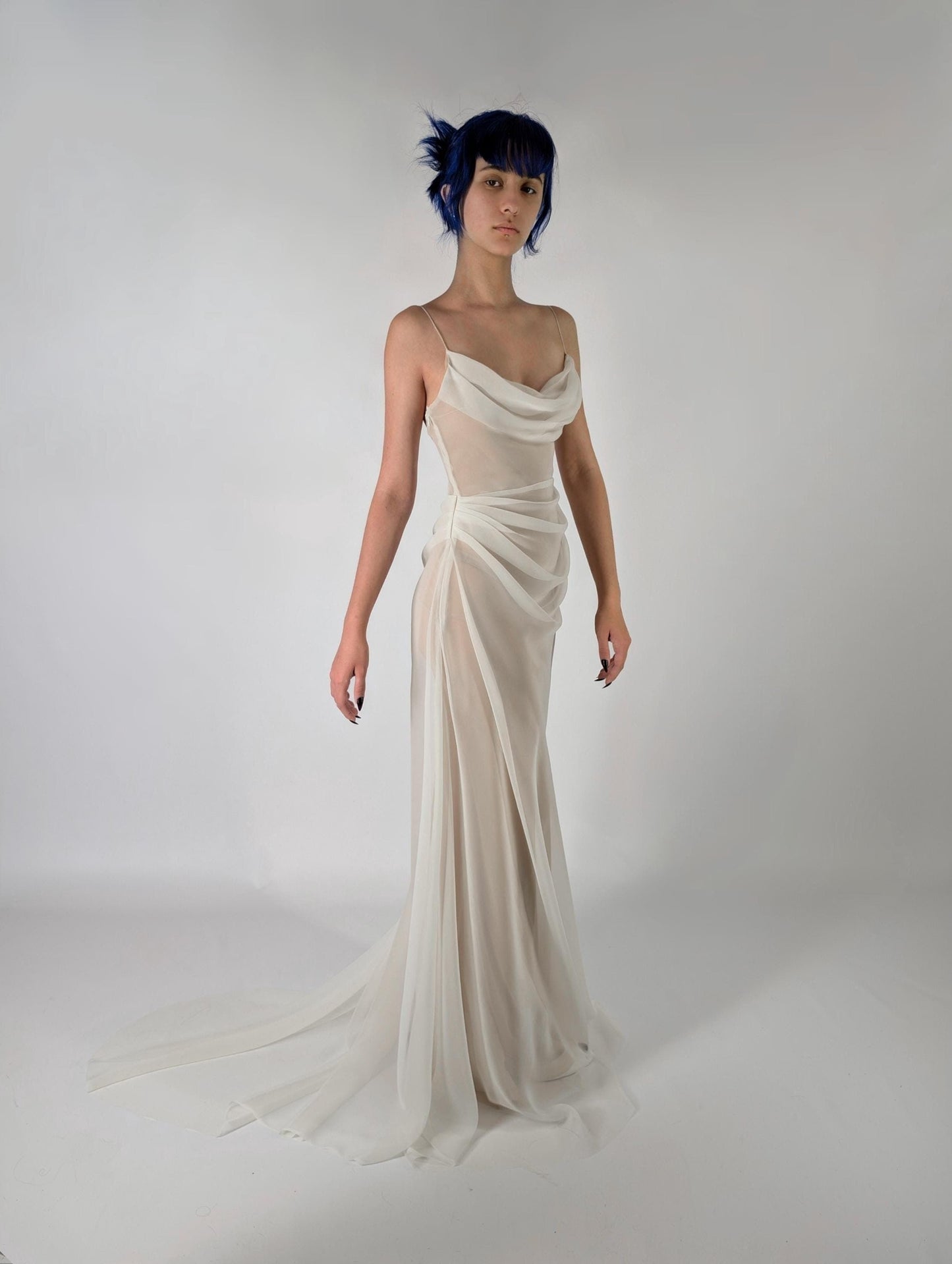 POWDER | Pre-Order Handmade Draped Off White Chiffon Sheer Mesh Wedding Reception Gown Dress Bridal Slip