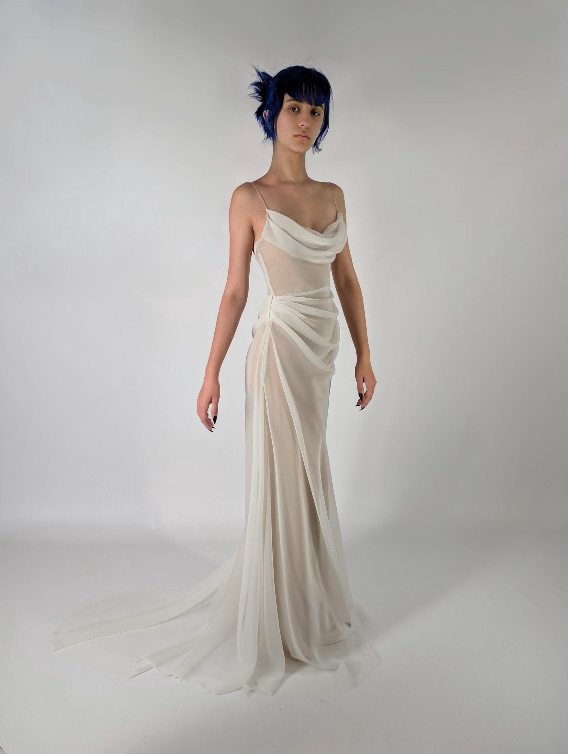 POWDER | Pre-Order Handmade Draped Off White Chiffon Sheer Mesh Wedding Reception Gown Dress Bridal Slip