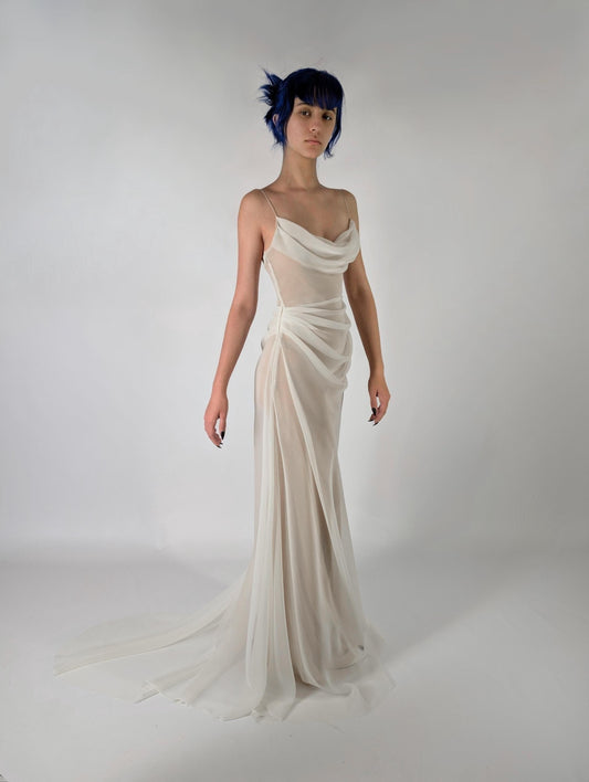 POWDER | Pre-Order Handmade Draped Off White Chiffon Sheer Mesh Wedding Reception Gown Dress Bridal Slip
