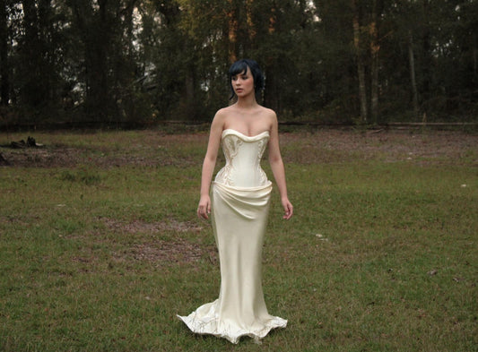 MARION | Pre-Order Custom Couture Bridal Cream Off White Silk Duchess Satin Embroidery Corset Dress Gown