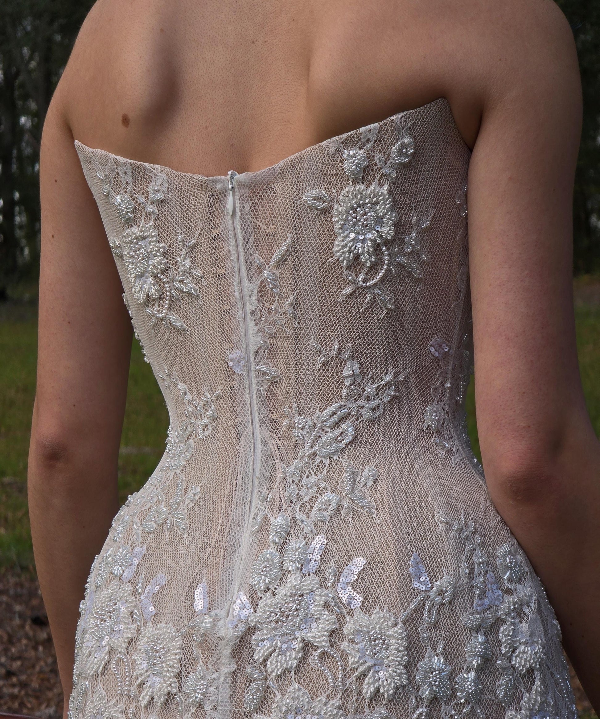 ZAHIA | Pre-Order Custom Couture Bridal French Scallop Lace Embroidered Glass Bead Freshwater Pearl Draped Silk Chiffon Corset Mini Dress