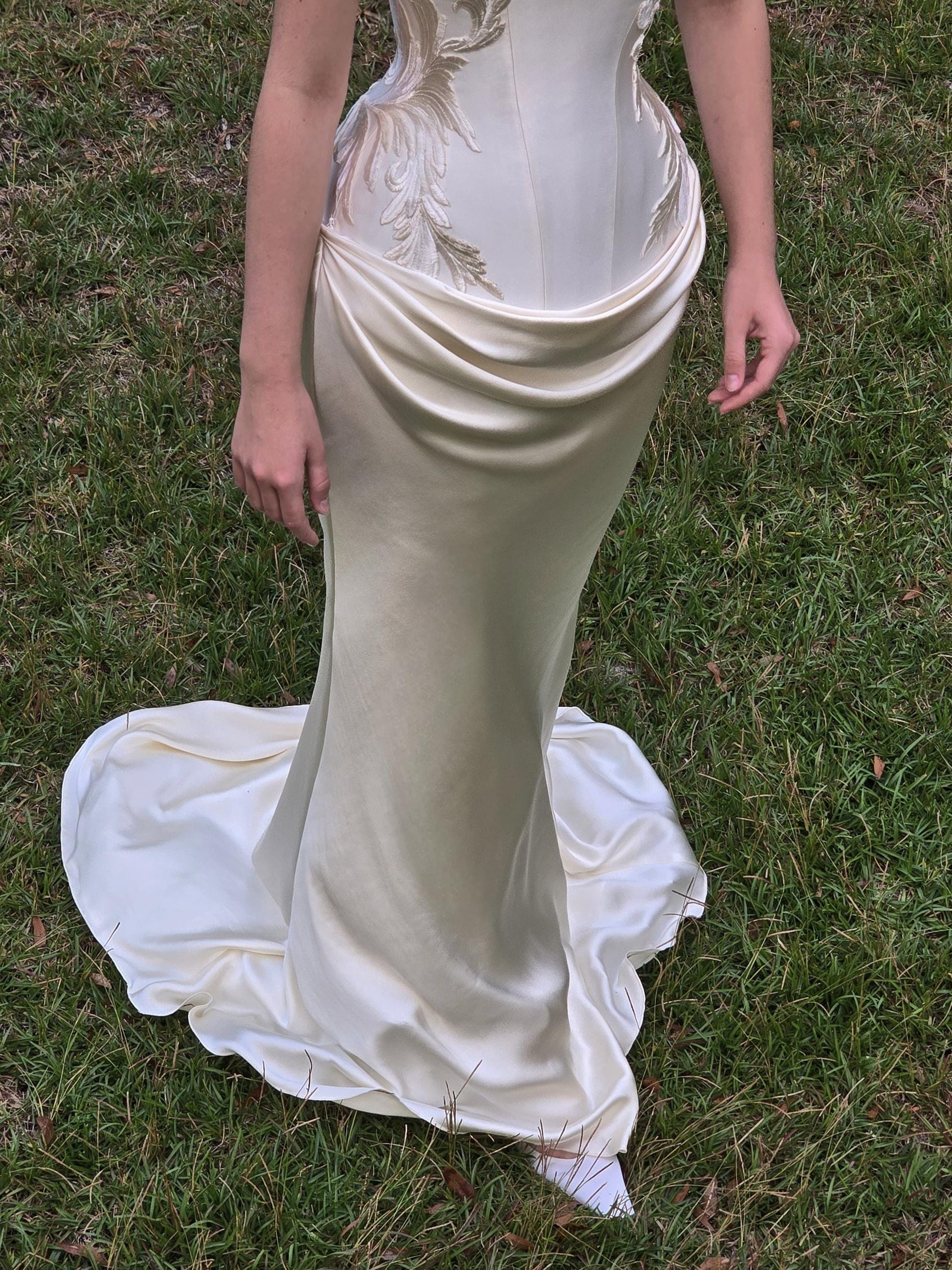 MARION | Pre-Order Custom Couture Bridal Cream Off White Silk Duchess Satin Embroidery Corset Dress Gown