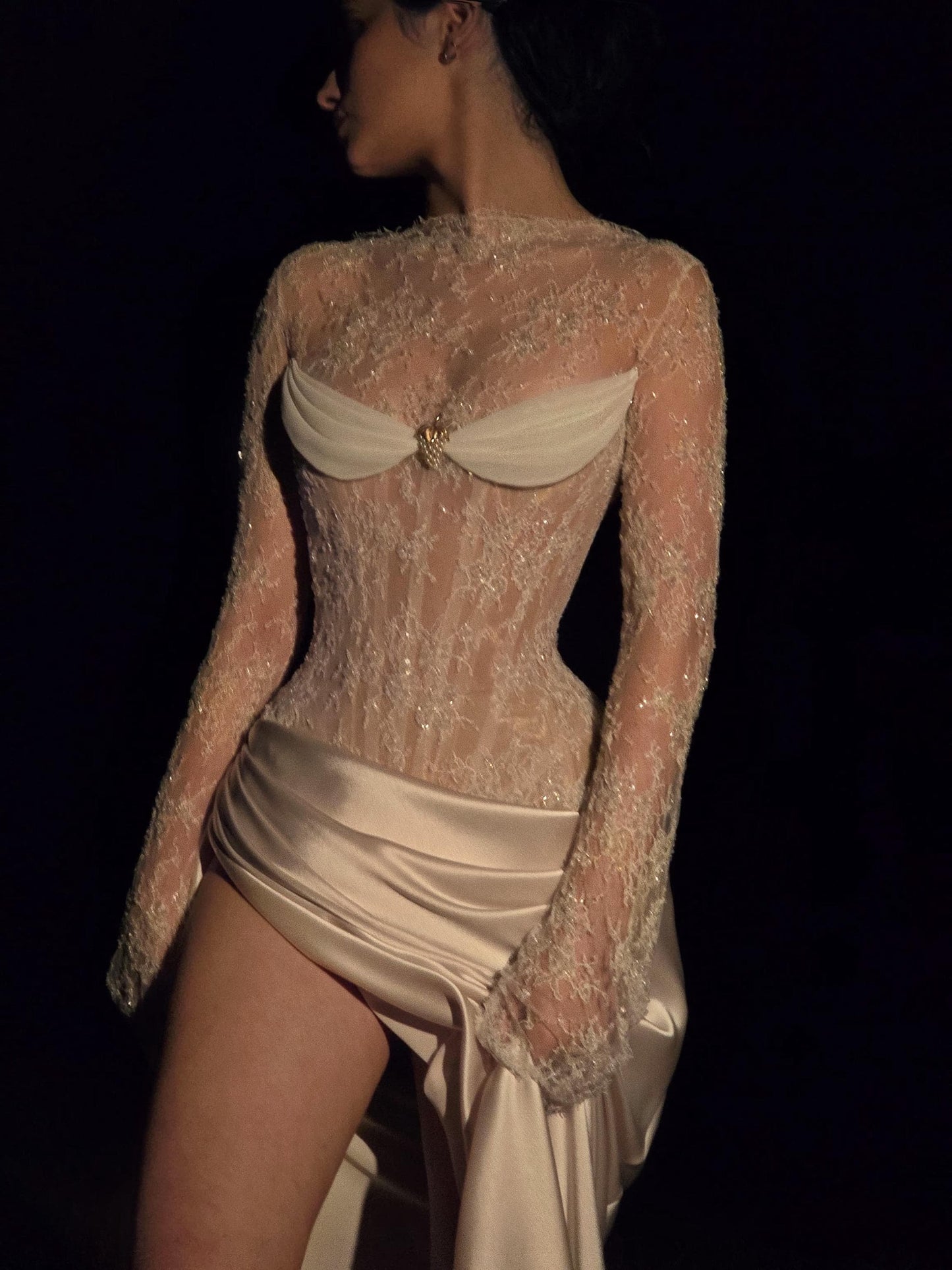 DAPHNE | Pre-Order Custom Bridal French Chantilly Lace Embroidered Sheer Long Sleeve Corset Vintage Brooch Draped Silk Skirt Dress