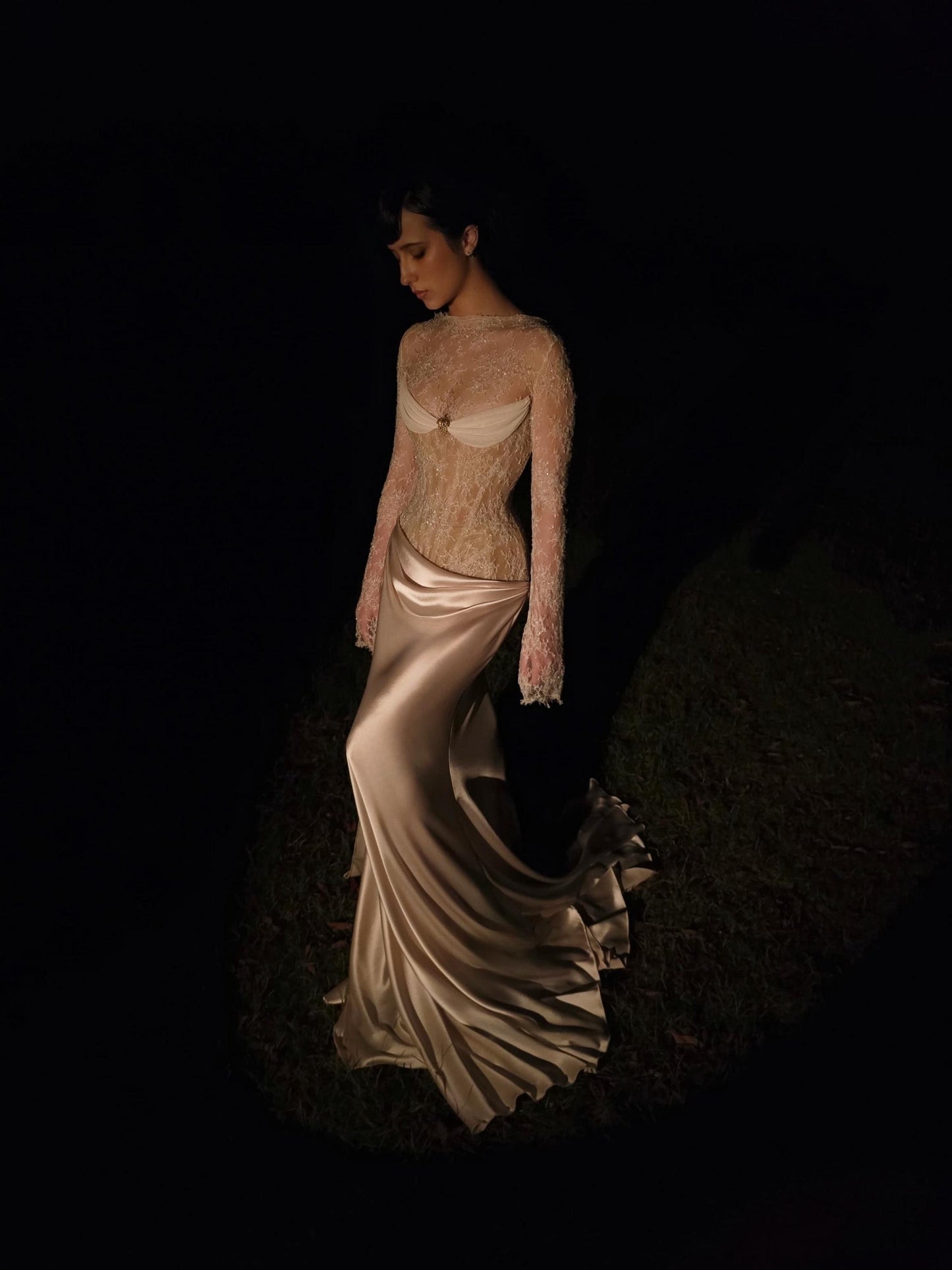 DAPHNE | Pre-Order Custom Bridal French Chantilly Lace Embroidered Sheer Long Sleeve Corset Vintage Brooch Draped Silk Skirt Dress