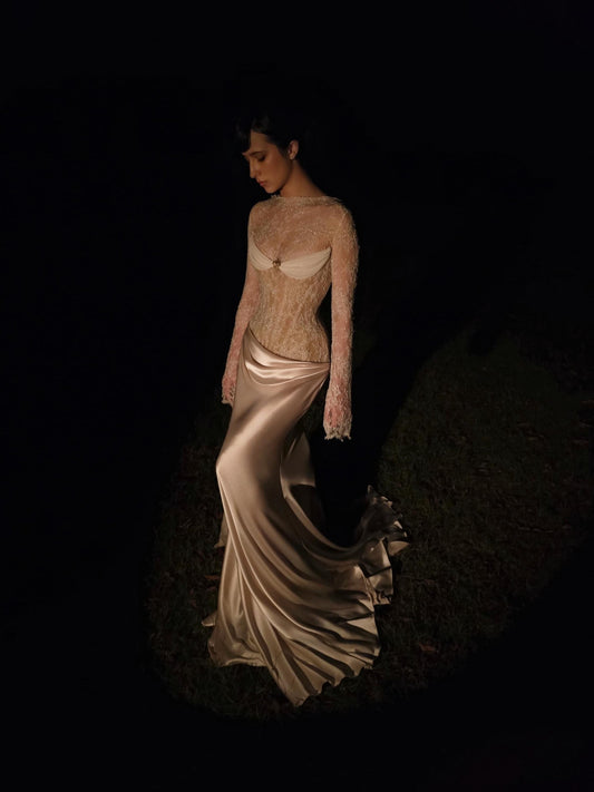 DAPHNE | Pre-Order Custom Bridal French Chantilly Lace Embroidered Sheer Long Sleeve Corset Vintage Brooch Draped Silk Skirt Dress