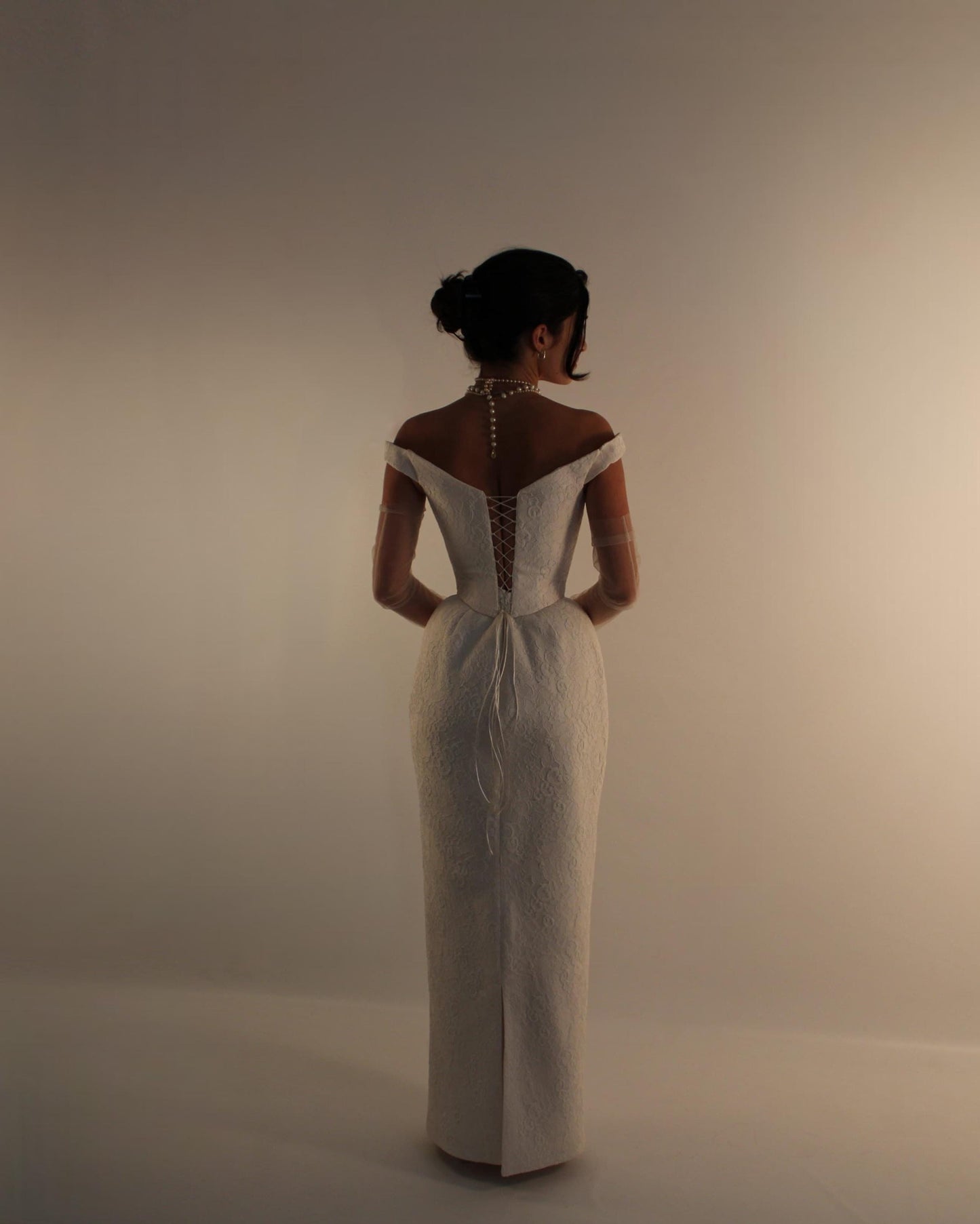 AUDREY | Pre-Order Custom Bridal Cream French Lace Basque Waist Off Shoulder Corset Column Skirt Dress