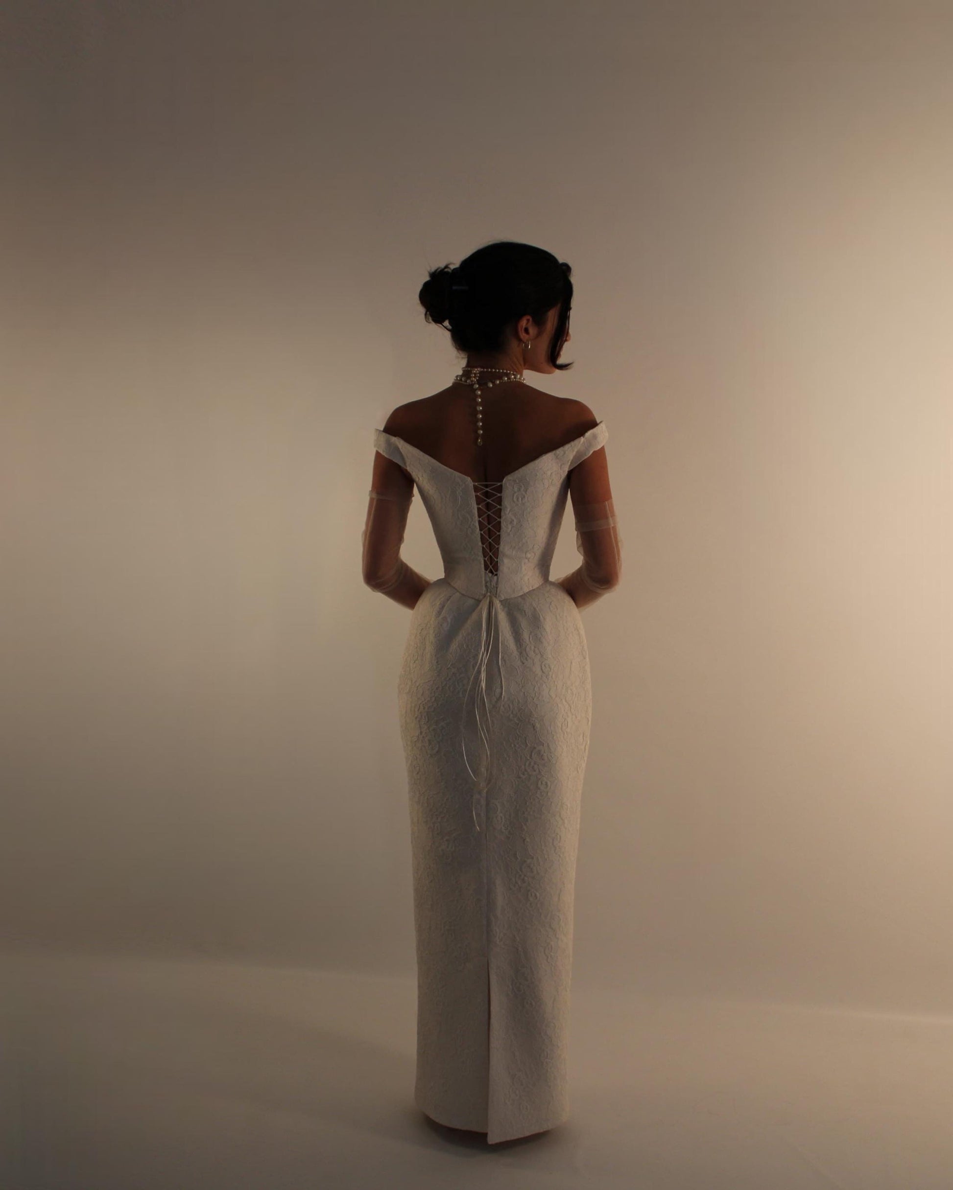 AUDREY | Pre-Order Custom Bridal Cream French Lace Basque Waist Off Shoulder Corset Column Skirt Dress