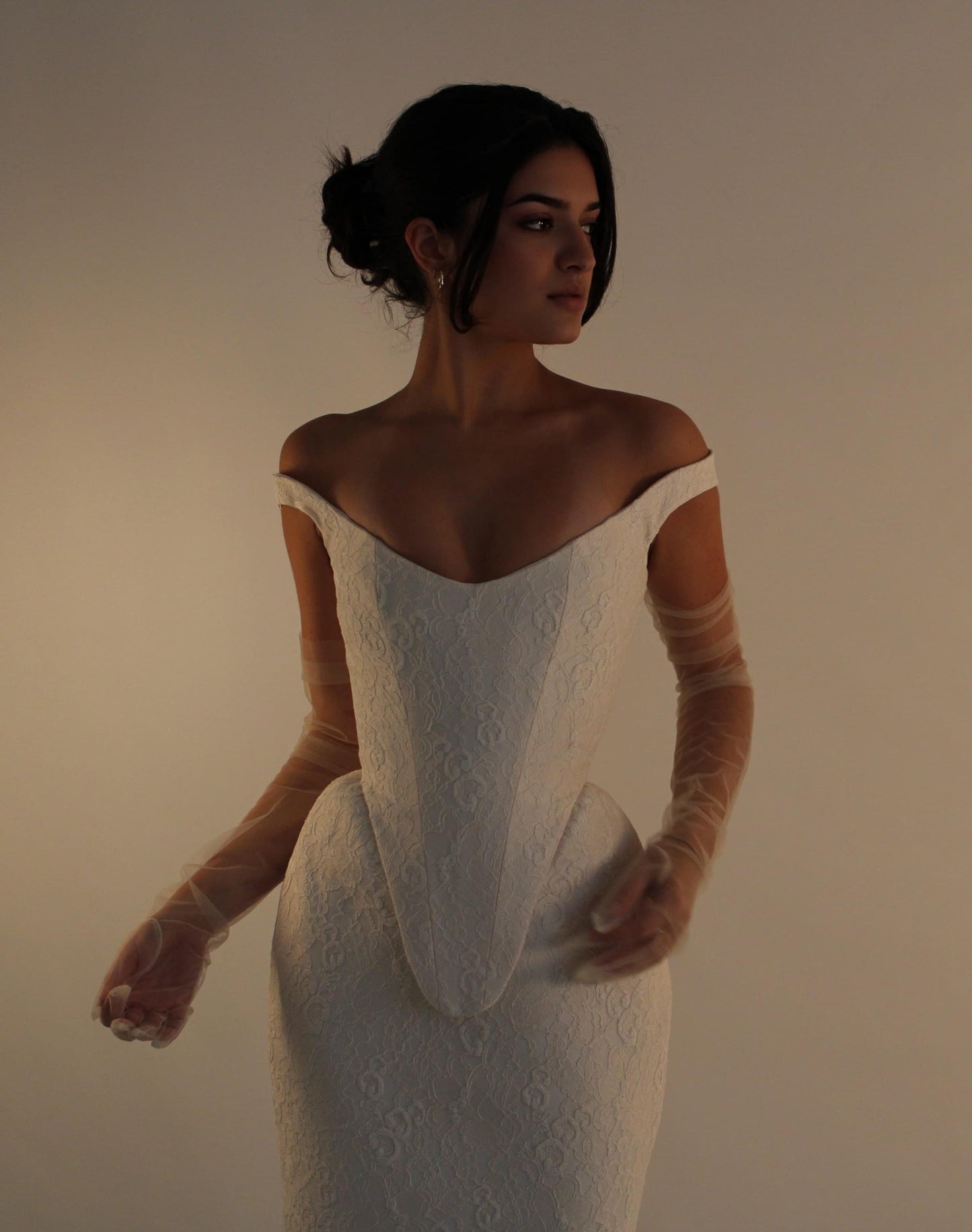 AUDREY | Pre-Order Custom Bridal Cream French Lace Basque Waist Off Shoulder Corset Column Skirt Dress