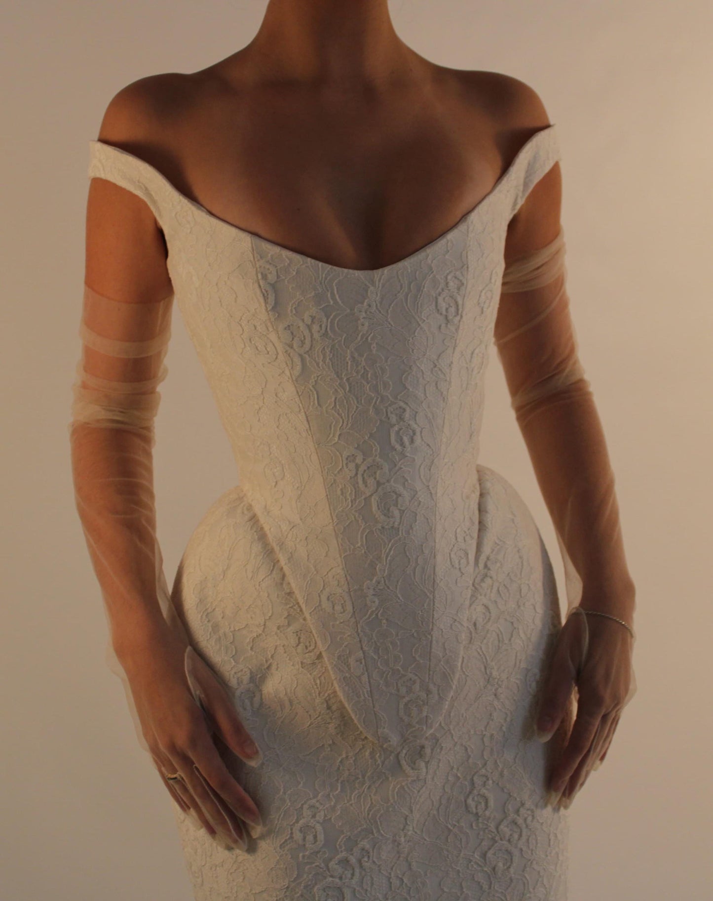 AUDREY | Pre-Order Custom Bridal Cream French Lace Basque Waist Off Shoulder Corset Column Skirt Dress