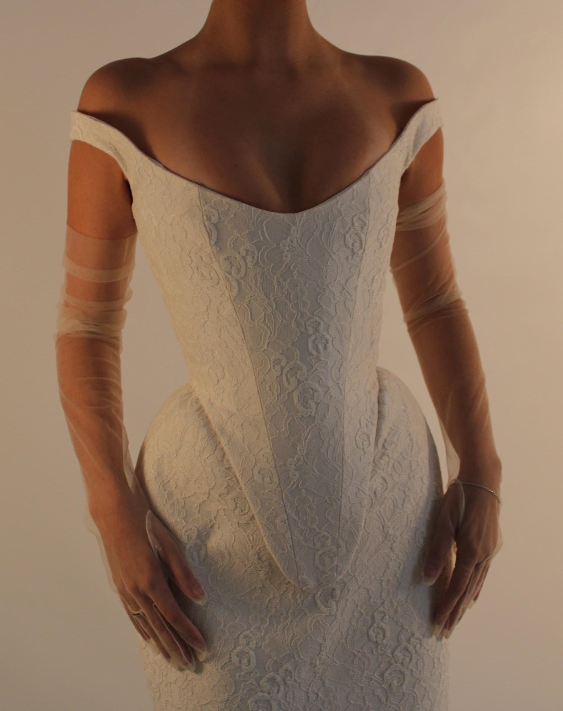 AUDREY | Pre-Order Custom Bridal Cream French Lace Basque Waist Off Shoulder Corset Column Skirt Dress