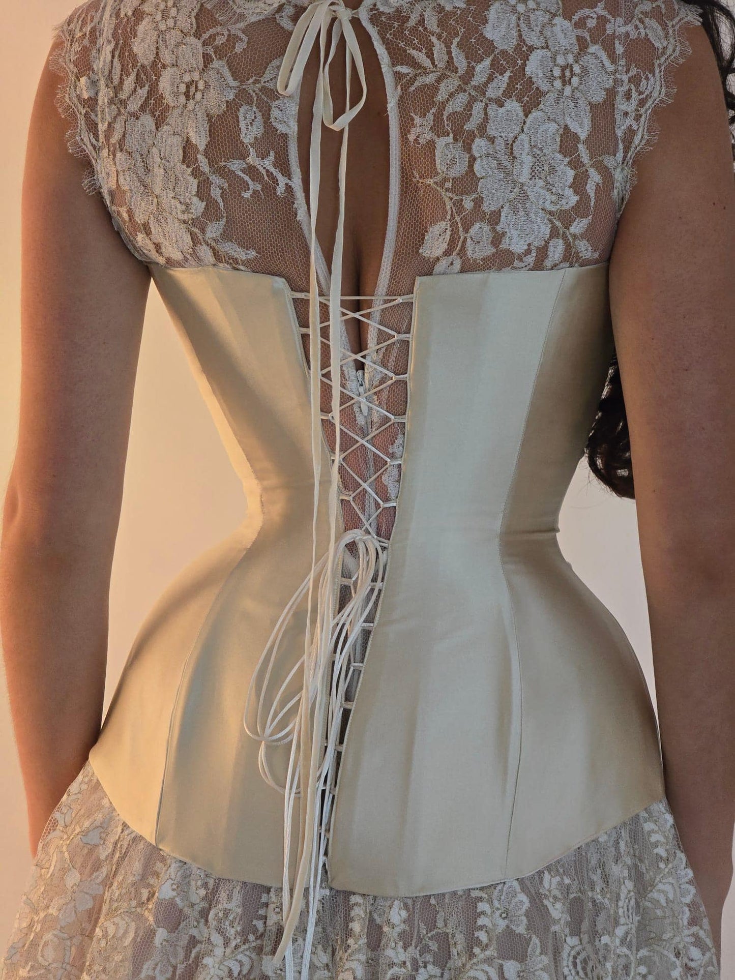 VIOLET | Pre-Order Custom Bridal Cream Ivory Off White French Chantilly Lace Silk Corset Mini Dress