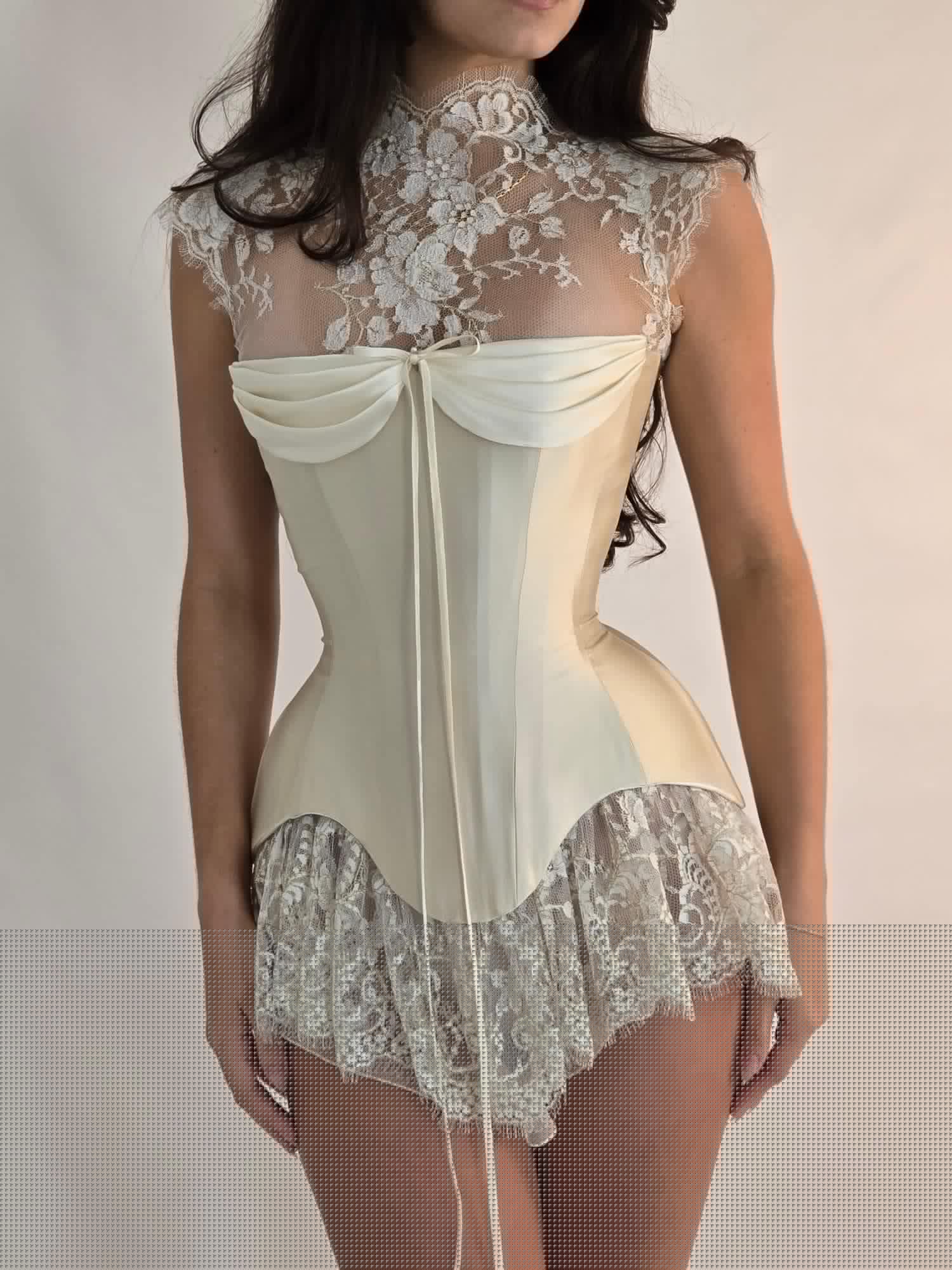 VIOLET | Pre-Order Custom Bridal Cream Ivory Off White French Chantilly Lace Silk Corset Mini Dress