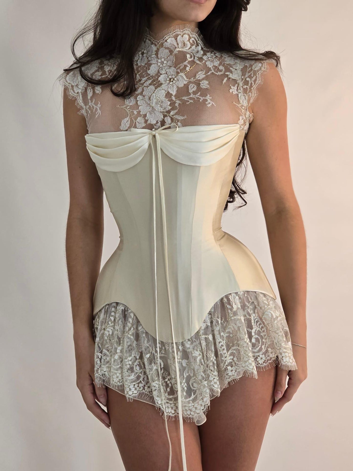 VIOLET + WILLOW | Pre-Order Custom Bridal Cream Ivory Off White French Chantilly Lace Silk Corset Mini Dress
