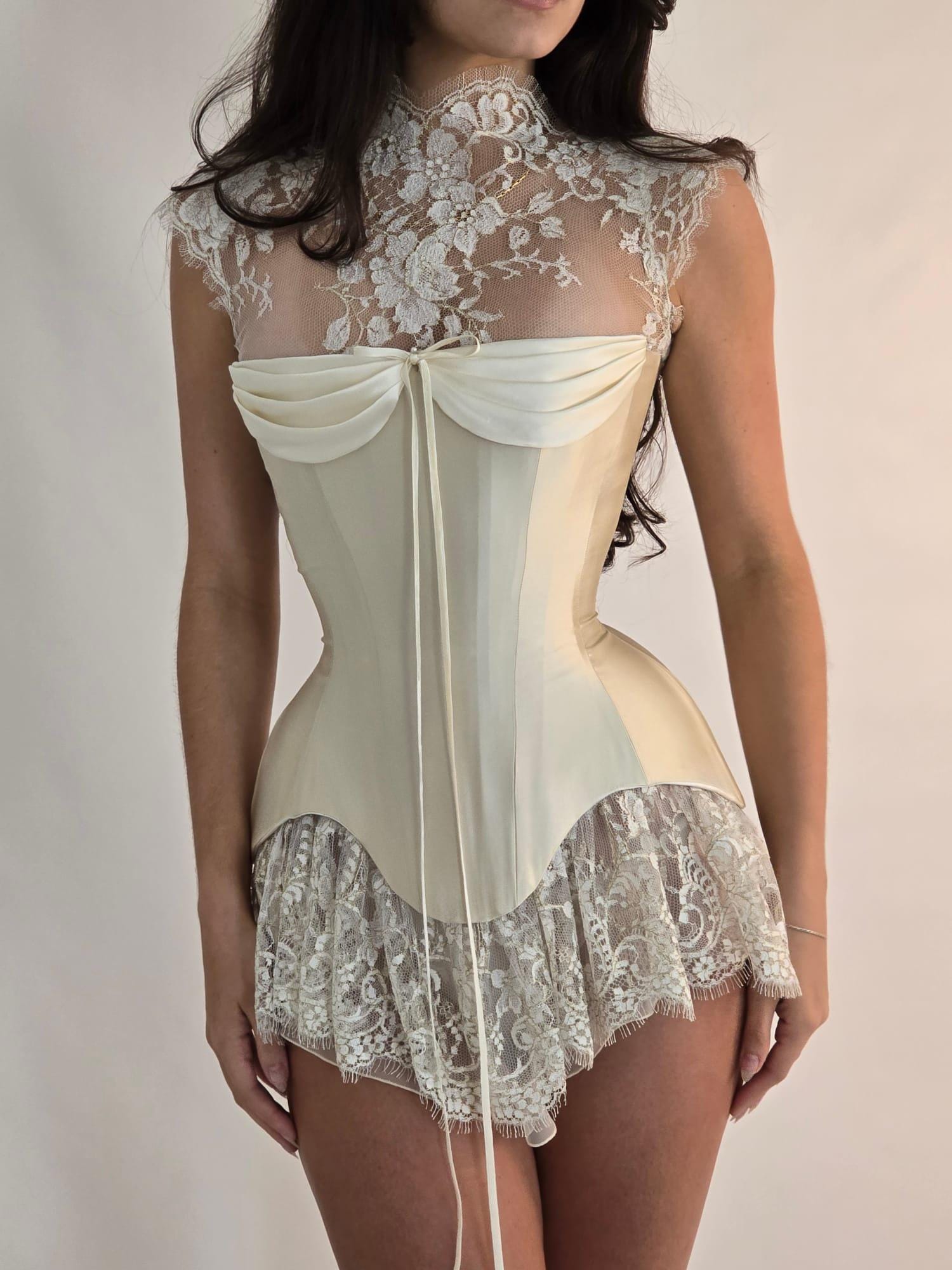 VIOLET + WILLOW | Pre-Order Custom Bridal Cream Ivory Off White French Chantilly Lace Silk Corset Mini Dress