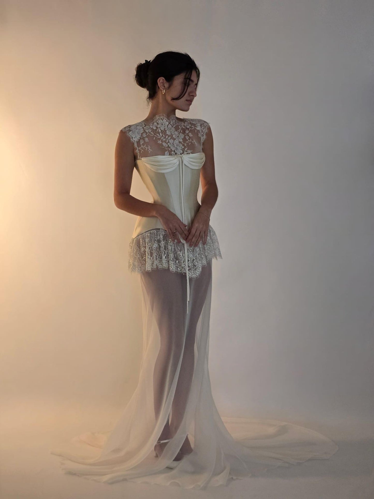 VIOLET + WILLOW | Pre-Order Custom Bridal Cream Ivory Off White French Chantilly Lace Silk Corset Mini Dress