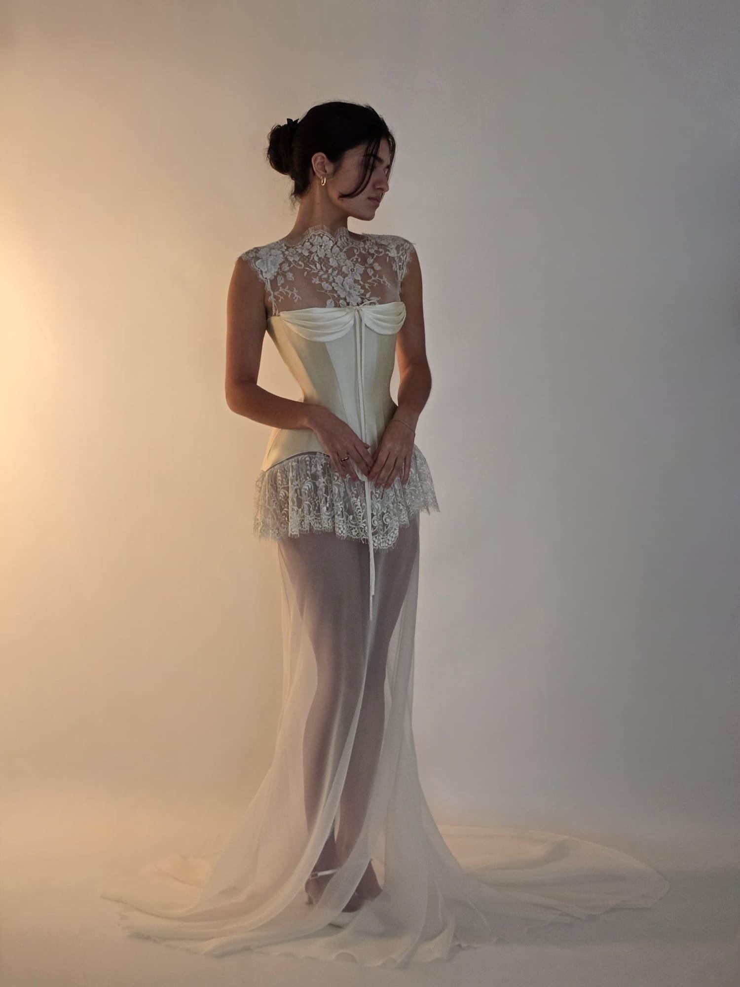 VIOLET + WILLOW | Pre-Order Custom Bridal Cream Ivory Off White French Chantilly Lace Silk Corset Mini Dress