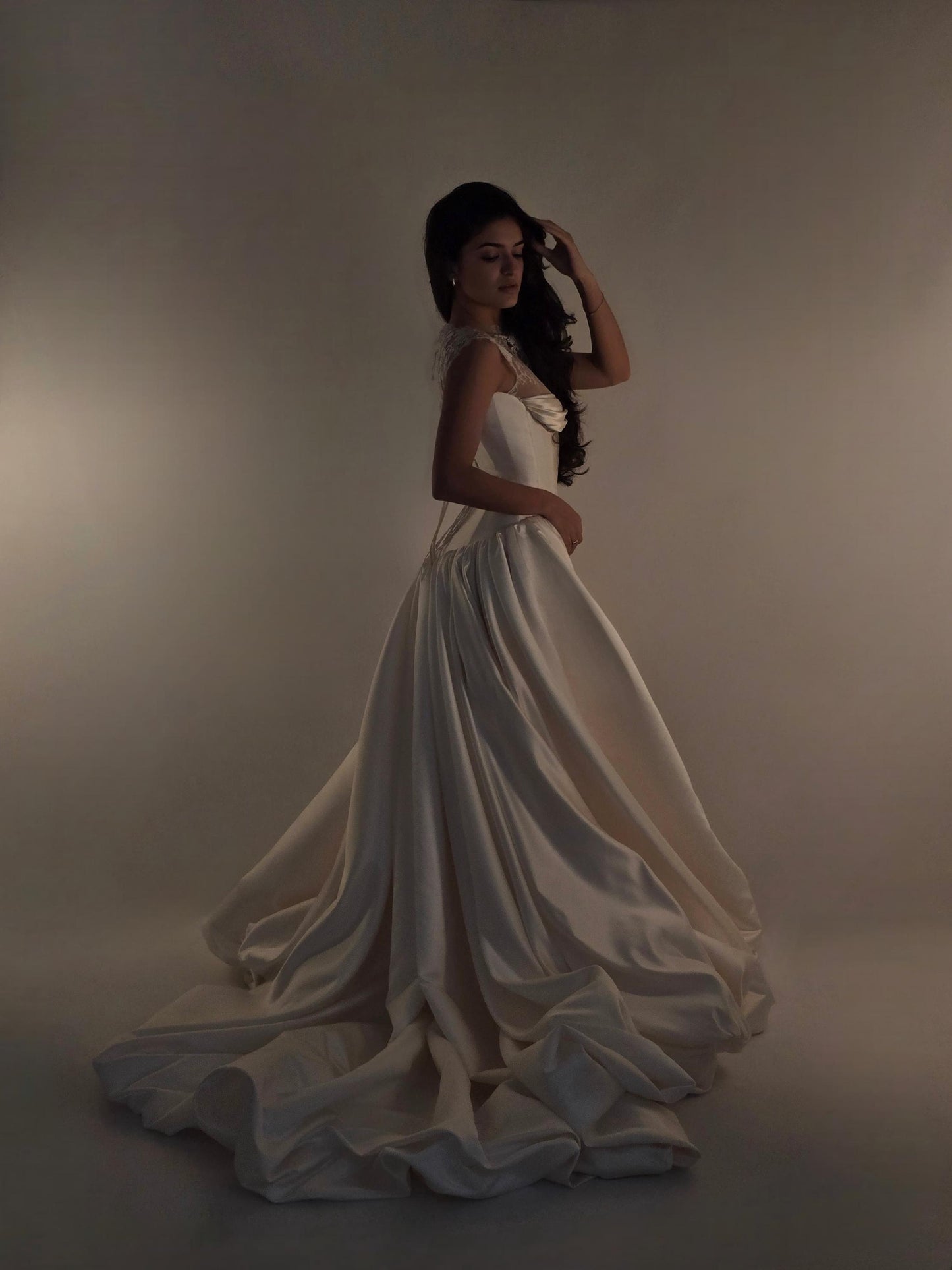 VIOLET + JULIETTE | Pre-Order Custom Bridal Cream Ivory Off White French Chantilly Lace Silk Corset Overskirt Gown Dress