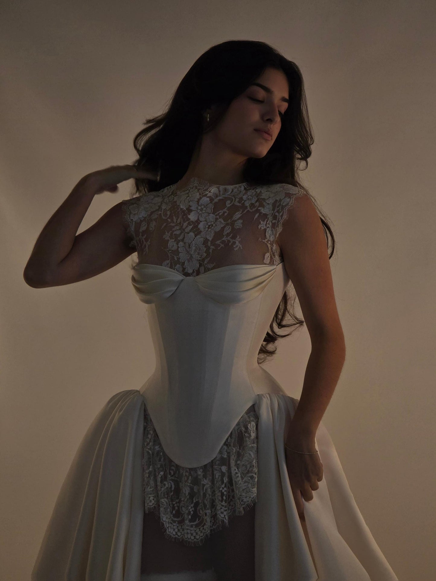VIOLET + JULIETTE | Pre-Order Custom Bridal Cream Ivory Off White French Chantilly Lace Silk Corset Overskirt Gown Dress