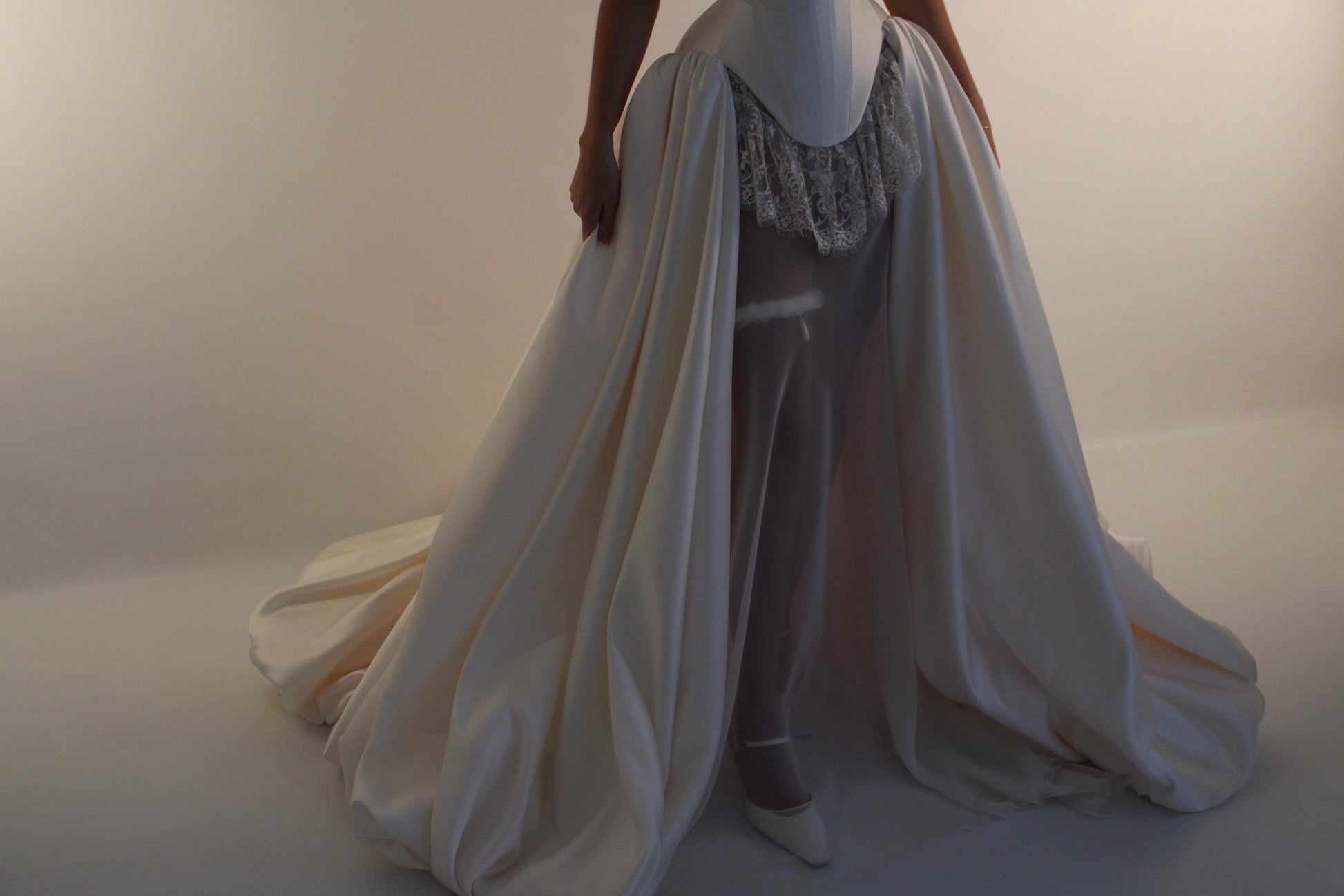 VIOLET + JULIETTE | Pre-Order Custom Bridal Cream Ivory Off White French Chantilly Lace Silk Corset Overskirt Gown Dress