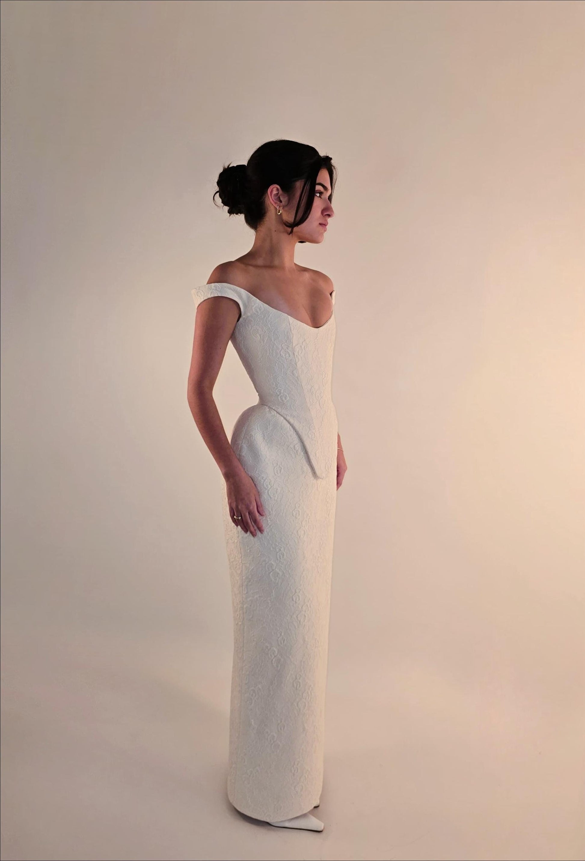 AUDREY | Pre-Order Custom Bridal Cream French Lace Basque Waist Off Shoulder Corset Column Skirt Dress