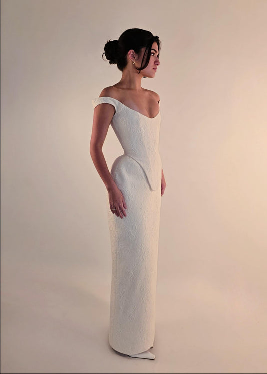 AUDREY | Pre-Order Custom Bridal Cream French Lace Basque Waist Off Shoulder Corset Column Skirt Dress