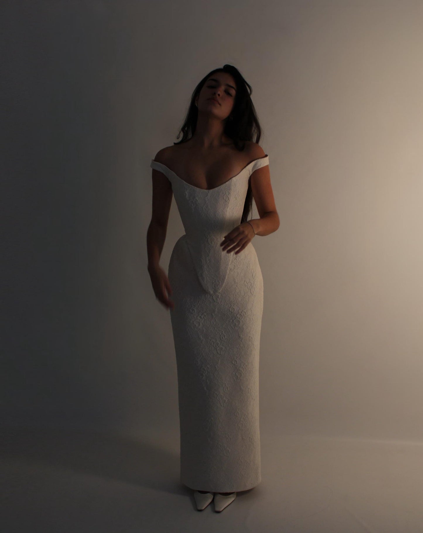 AUDREY | Pre-Order Custom Bridal Cream French Lace Basque Waist Off Shoulder Corset Column Skirt Dress