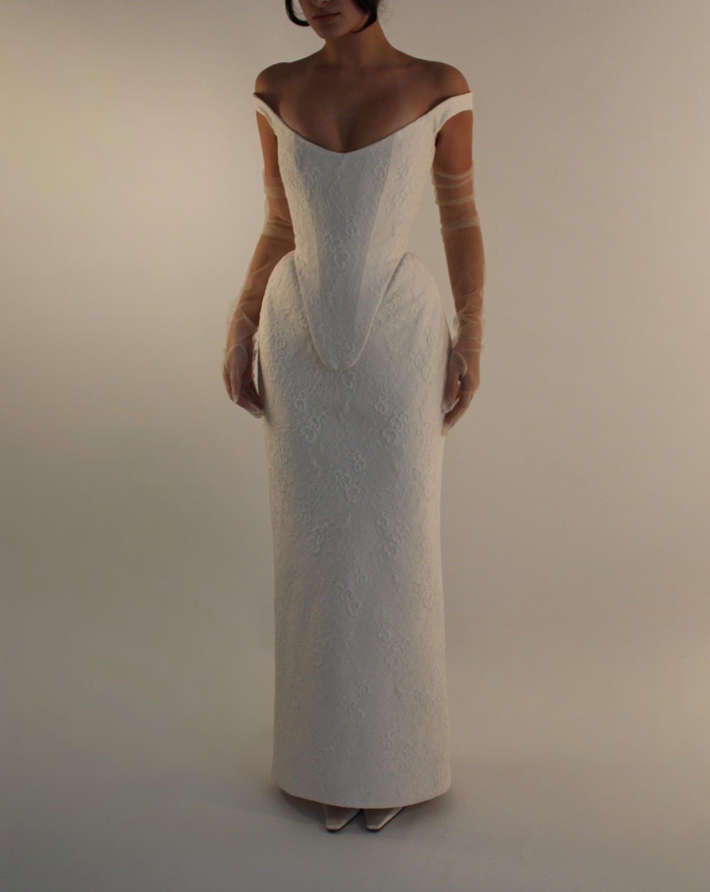 AUDREY | Pre-Order Custom Bridal Cream French Lace Basque Waist Off Shoulder Corset Column Skirt Dress