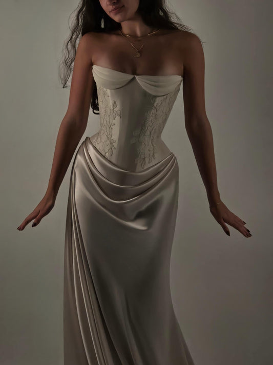 ELENA | Pre-Order Custom Bridal Cream Ivory Off White French Chantilly Lace Silk Satin Corset Draped Skirt Dress Gown