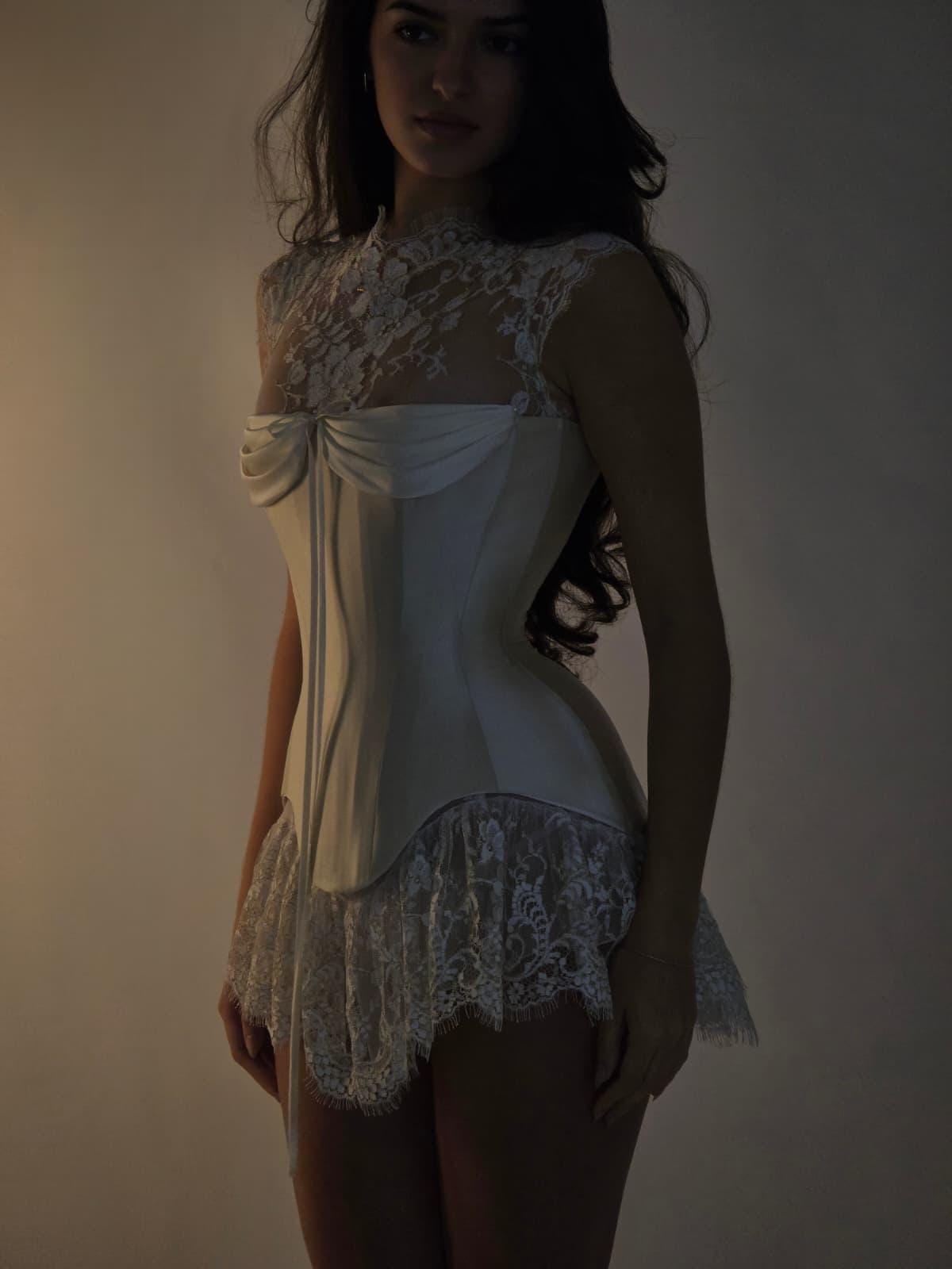 VIOLET + WILLOW | Pre-Order Custom Bridal Cream Ivory Off White French Chantilly Lace Silk Corset Mini Dress