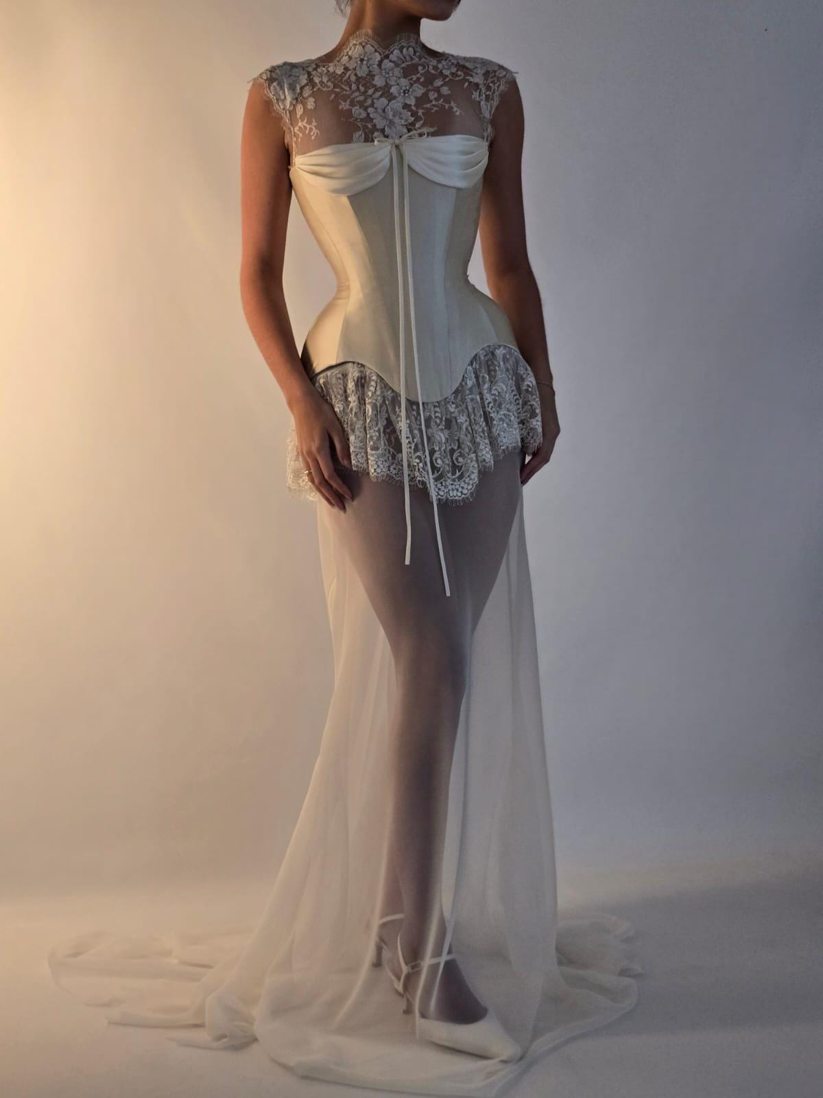 VIOLET + WILLOW | Pre-Order Custom Bridal Cream Ivory Off White French Chantilly Lace Silk Corset Mini Dress