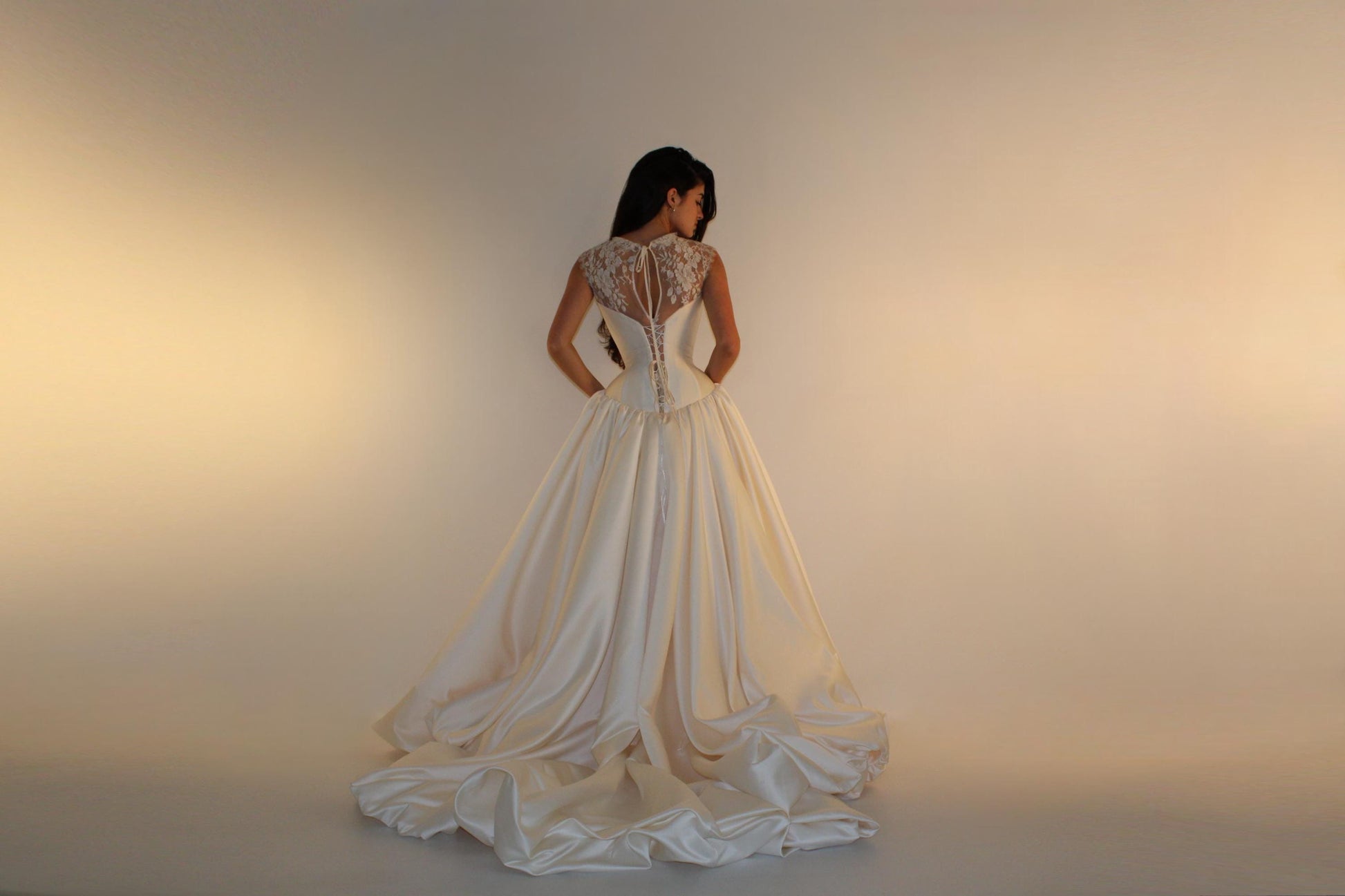 VIOLET + JULIETTE | Pre-Order Custom Bridal Cream Ivory Off White French Chantilly Lace Silk Corset Overskirt Gown Dress